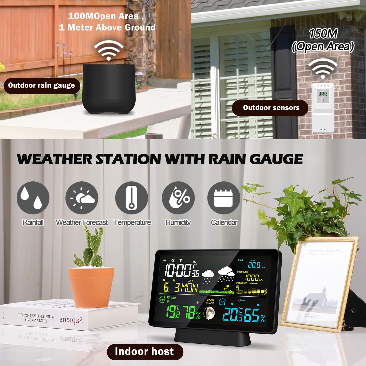 Wireless Rain Gauge and Weather Station, Digital Rain Gauge Outdoor Home Weather Stations with Thermometer, Hygrometer, Atomic Clock, Forecast and Barometer, Weather Station with Rain Gauges