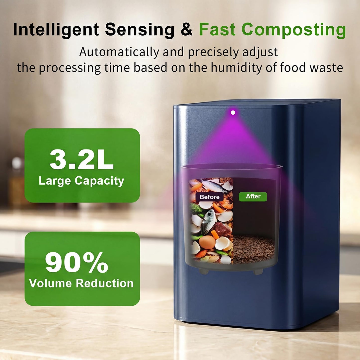 Growell Electric Composter for Kitchen, 3.2L Smart Countertop Compost Bin, Low Noise, Odorless, Indoor Food Waste Composter with LED Display, Auto-Cleaning, Turn Food Waste into Fertilizer,EC04
