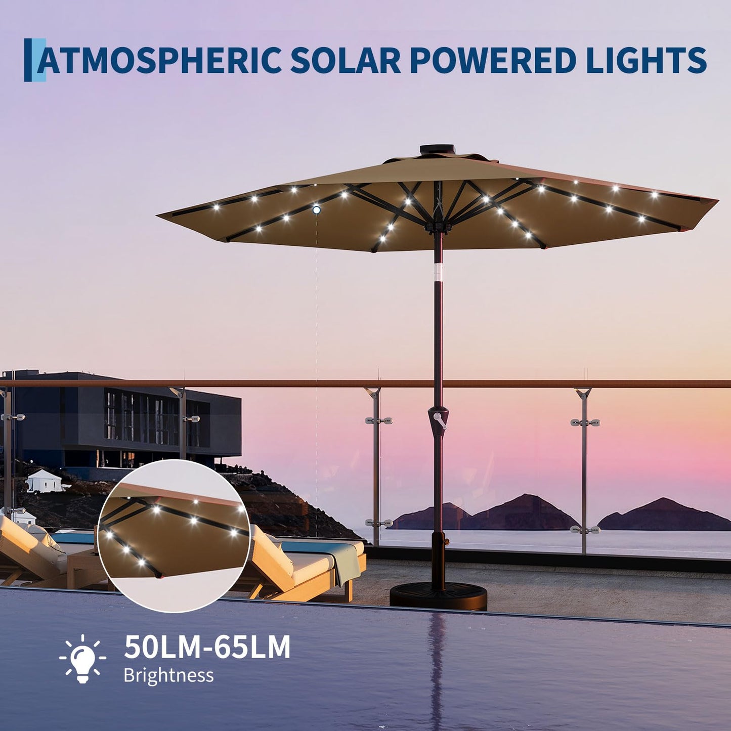 GarveeLife 10FT Patio Umbrella Outdoor, Table Umbrella with solar lights, 8 Sturdy Ribs UV Protection Waterproof for Garden, Pool, Deck (Tan)