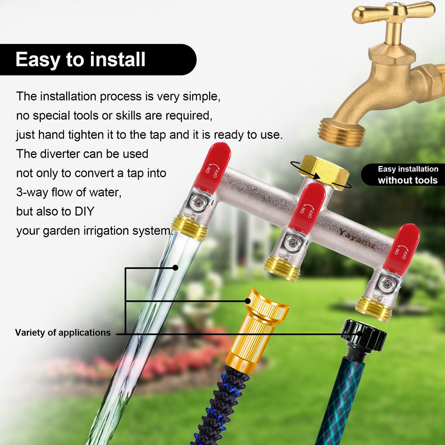 Yayamz 3 Way Garden Hose Splitter, Heavy Duty Brass Nickel Plated Rust Resistant Faucet Manifold, 3/4" Frost Resistant Outdoor Hose Adapter Connector,Hose Spigot Adapter with 3 large red handles