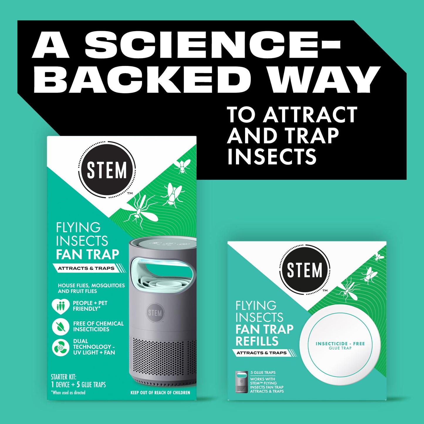 STEM Flying Insect Fan Trap for Indoor Bug Control, Attracts Mosquitoes, Fruit Flies, and House Flies, Plug-in Fan with UV Light, Starter Kit Includes 1 Device and 5 Glue Traps