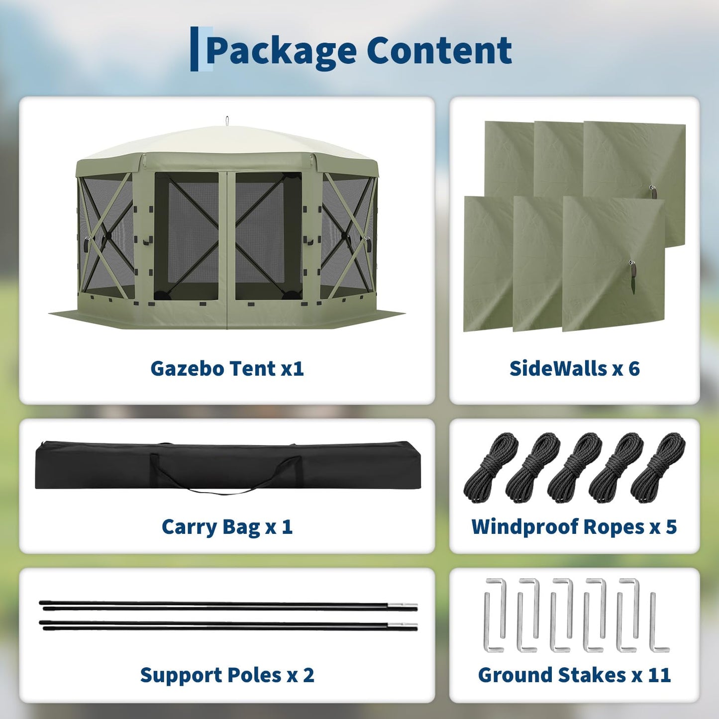 GarveeLife 13x13FT 6-Sided Pop Up Gazebo Tent,One-Push Setup Canopy Tent with Removable Canopy Top & Wind Cloths, Outdoor shelter for Camping, Backyard Parties, Outdoor Events - Army Green