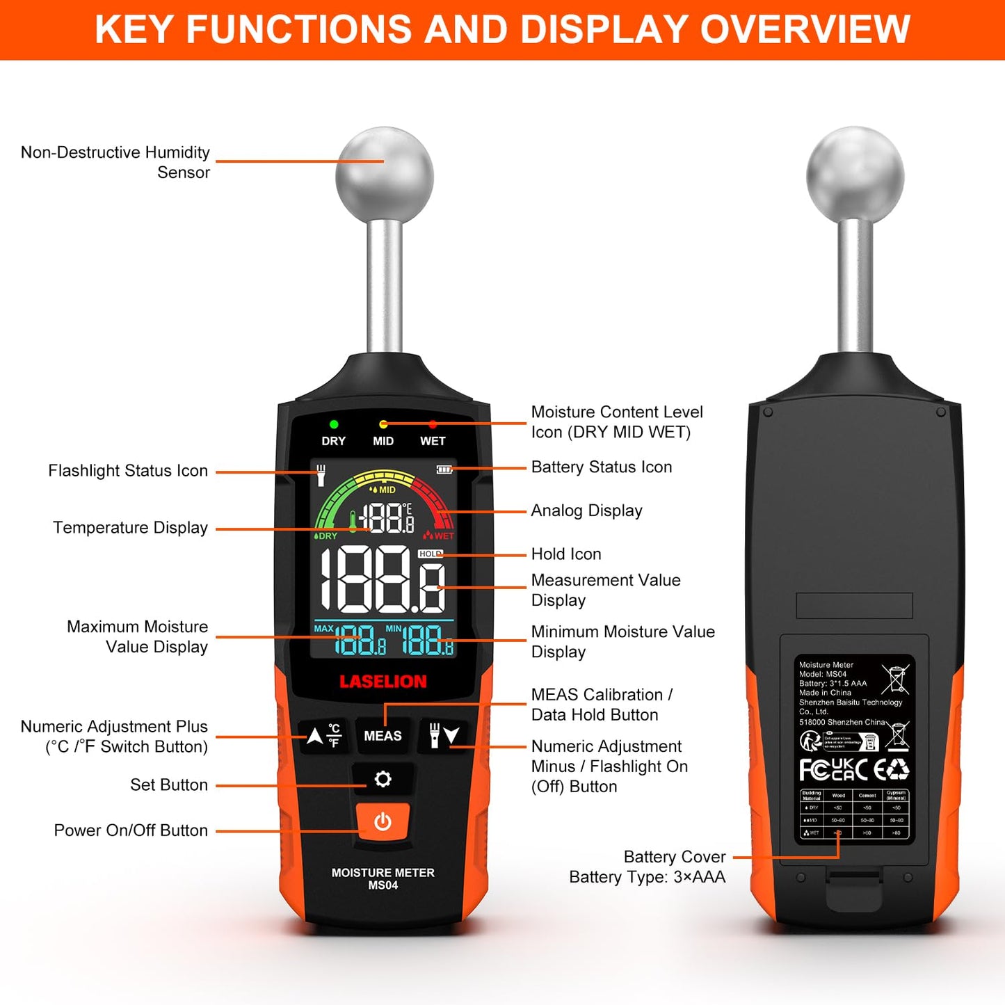 LASELION MS04 Pinless Moisture Meter with Ball Probe for Non-Destructive Area Scans Ideal for Wood Walls and Construction Materials Customizable Humidity Alarms Built-in Flashlight