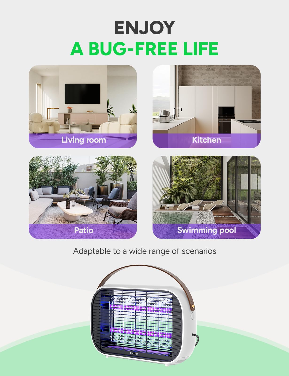 Buzbug LED Bug Zapper Indoor, 50000 H Long-Lasting LED, Energy Saving & Dual Band Attraction, High-Voltage Electric Mosquito Zapper, Fly Trap Mosquito Trap, Fly Killer -MA015B