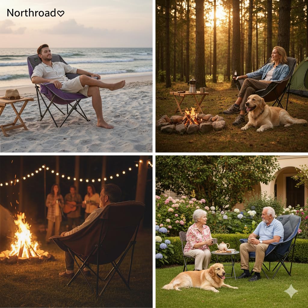 Northroad Oversized Foldable Camping Chair, Outdoor Padded Lawn Chair w/Cup Holder,Carry Bag for Beach, Hiking, and Picnics,Heavy-Duty 300-lbs Capacity, Purple