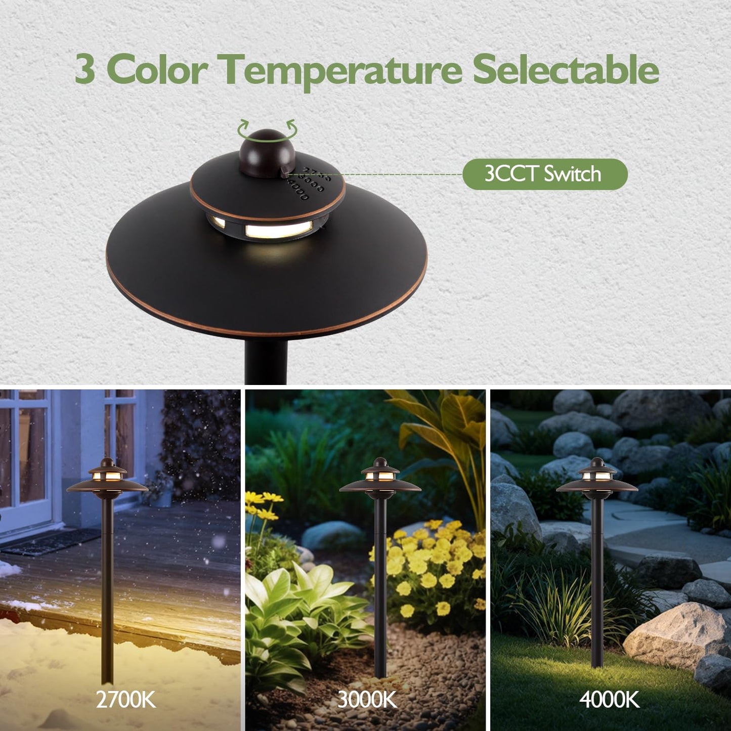 LITFIT Low Voltage Landscape Lighting, 3CCT (2700K/3000K/4000K) 12V 3.87W 83lm Pathway Lights, Oil Rubbed Bronze Die-Cast Aluminum Hardwired Walkway Light with Connectors for Garden Yard, 4 Pack