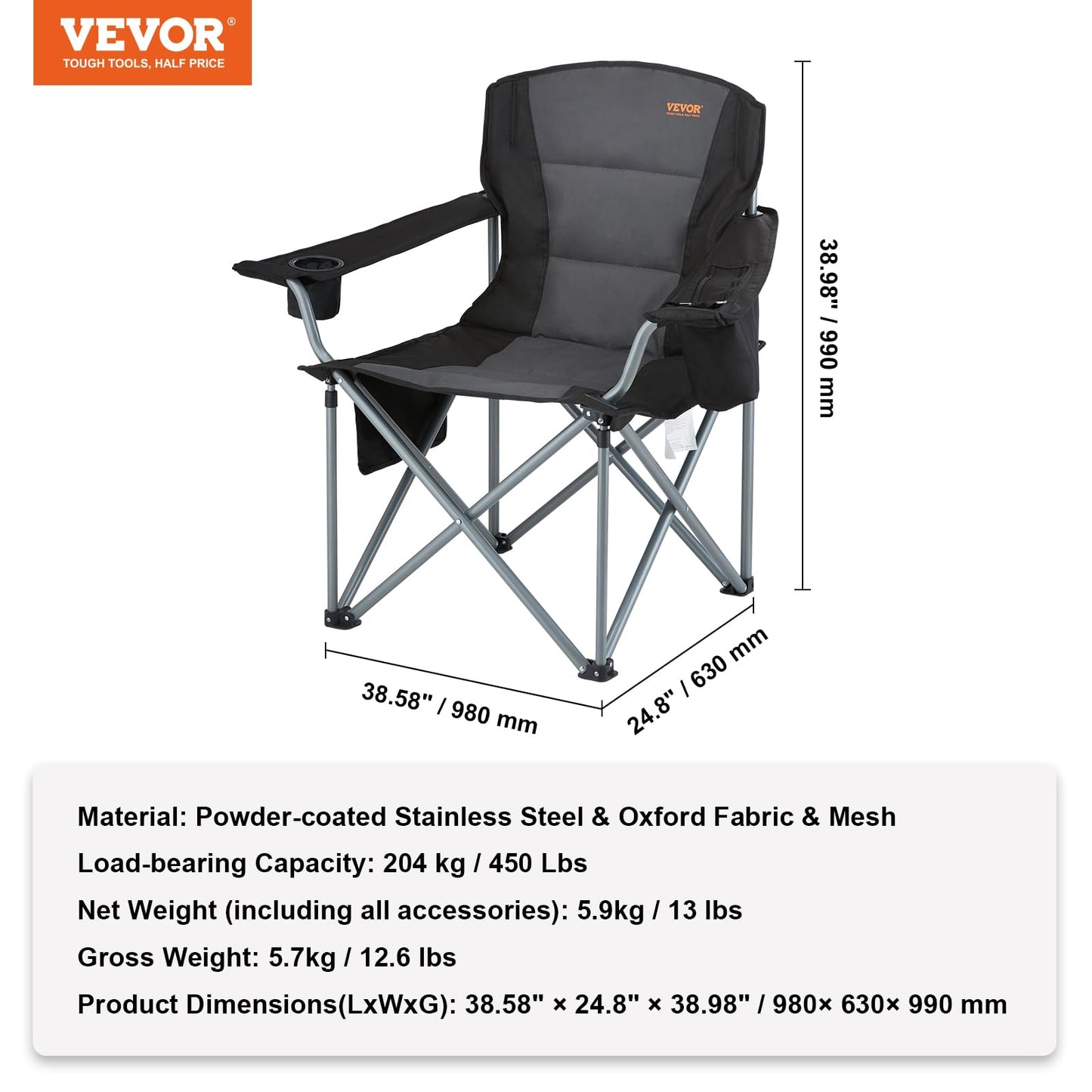 VEVOR Oversized Camping Folding Chair, Portable Heavy Duty Outdoor Quad Lumbar Back Padded with Side Pockets, Cup Holder and Cooler Bag for Beach, Lawn, Picnic, Fishing, Backpacking, Black