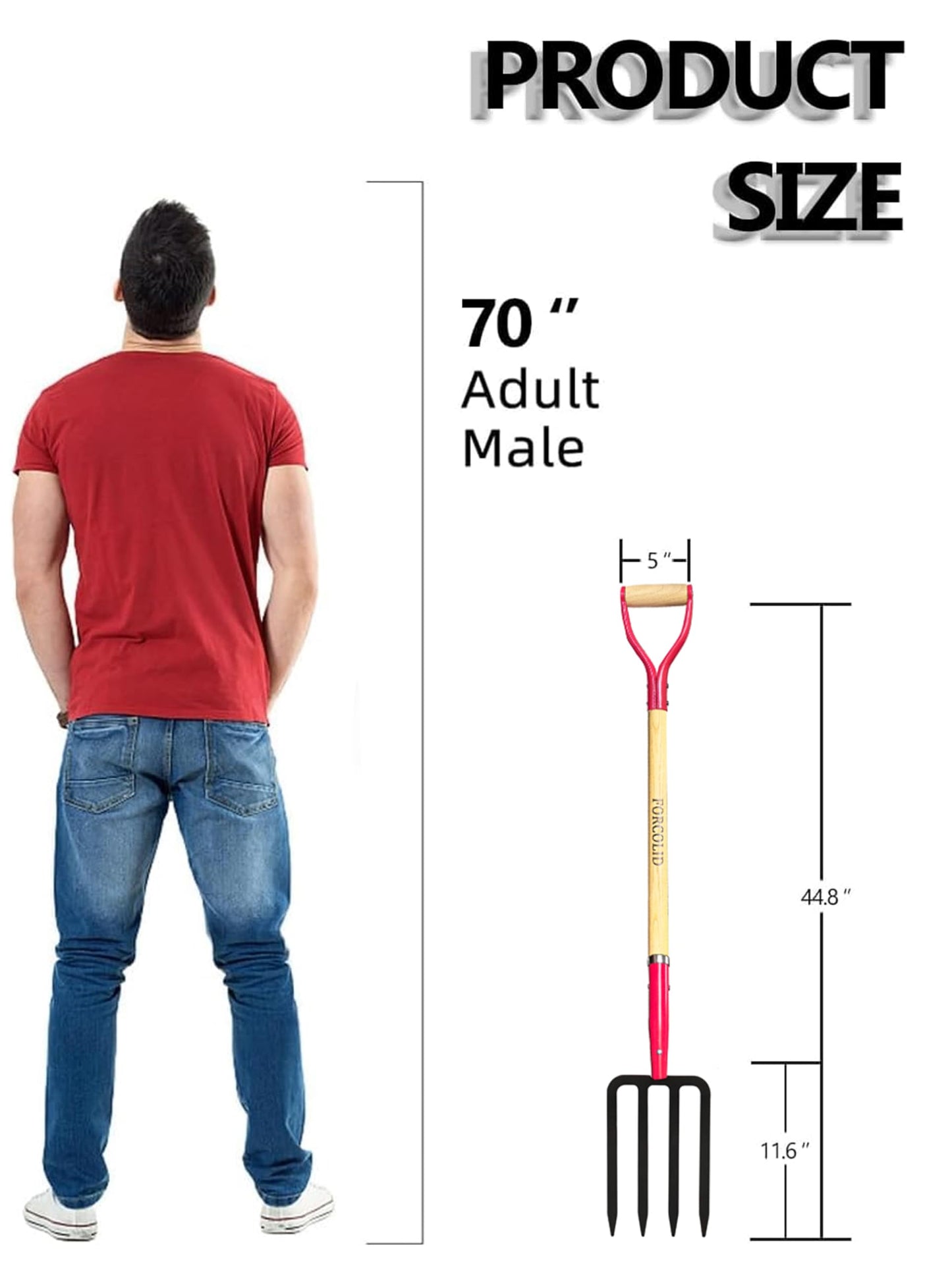 FORCOLID Garden Fork, 4-Tine Spading Digging Fork, Pitch Fork-45Inch, Forged Steel Y-Grip, Wood Handel-Red