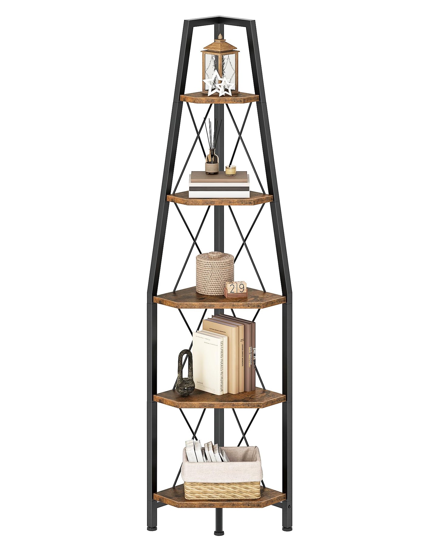 CHOEZON 5-Tier Corner Shelf, Corner Bookshelf, Ladder Shelf, Floor Standing Storage Rack, Open Display Stand, Plant Stand, for Living Room, Bedroom, Study, Bathroom, Rustic Brown and Black TCJ22BF