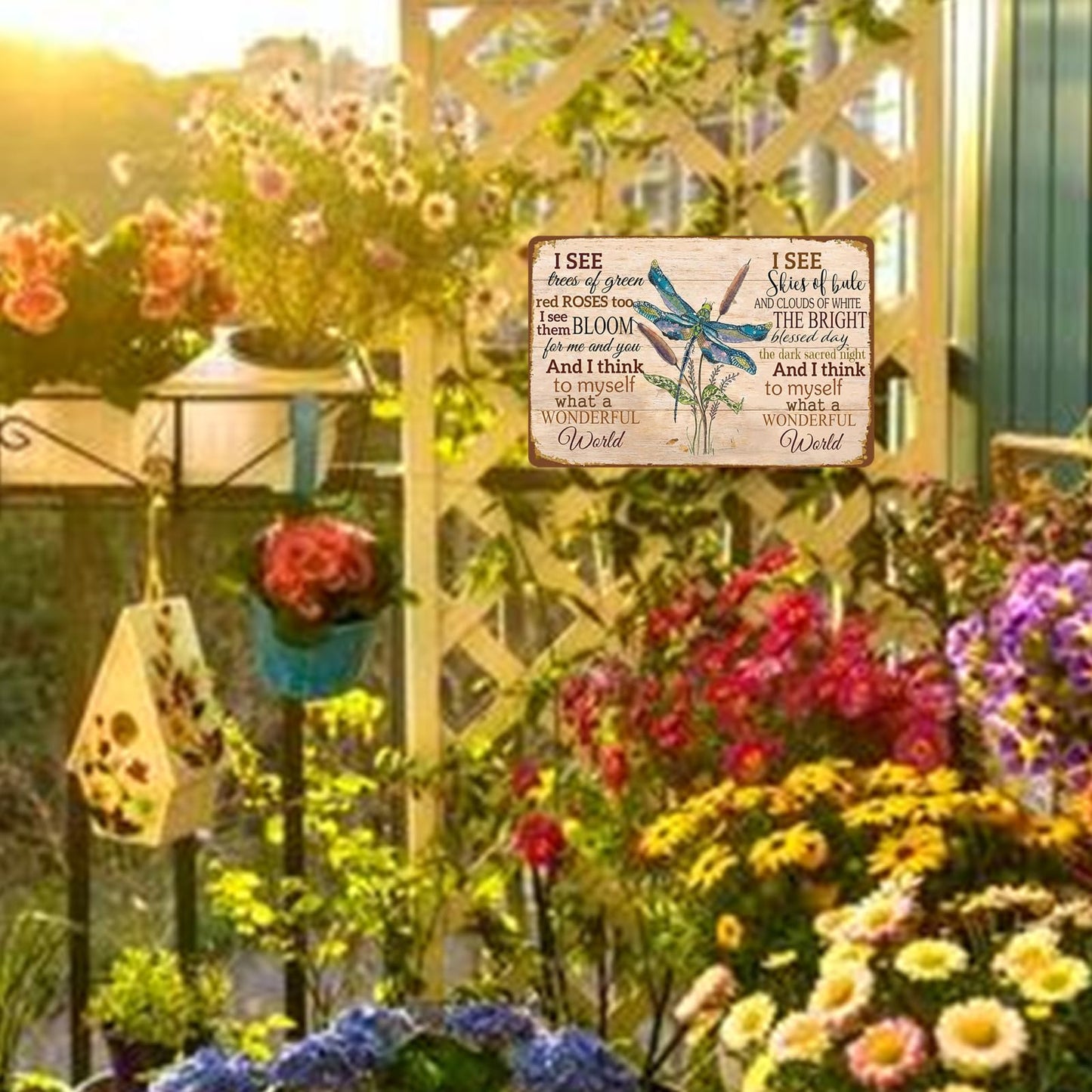 Dragonfly Metal Sign Tin Signs Garden Wall Art Decor Outdoor What A Wonderful World Sign Wall Plaques 8×12 Inches