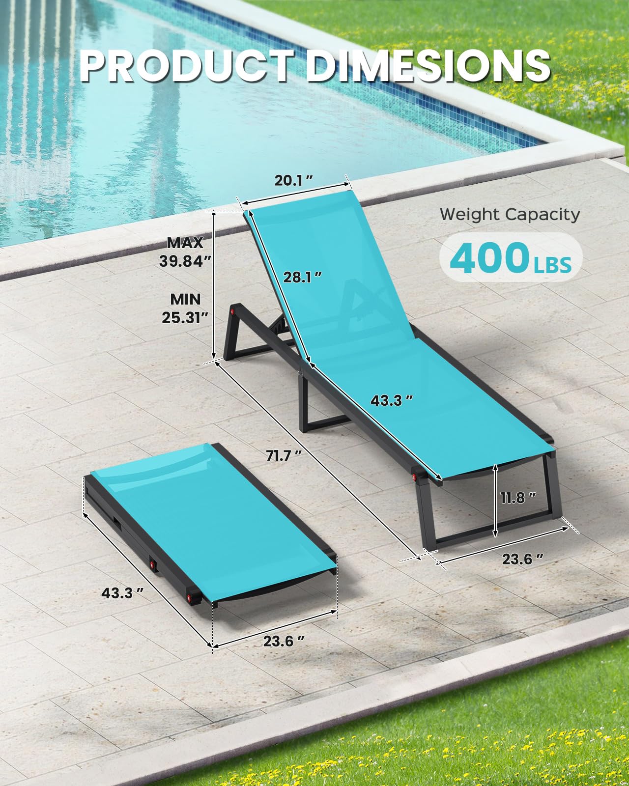 Oasbira Aluminum Chaise Lounge Chair Outdoor, Foldable & Assembly Free Patio Pool Lounge Chairs 5-Position Recliner for Outside Poolside, Fully Grounded Legs Sun Lounger for Beach, Yard, Lake Blue