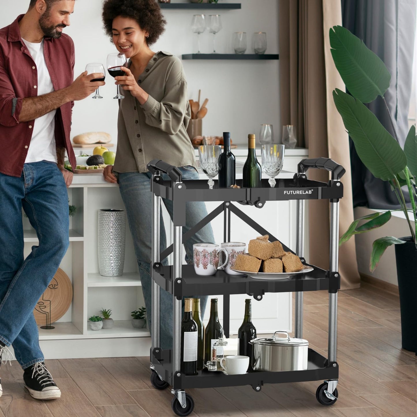 FUTURELAB Portable Folding Service Cart - 3 Tier 330LBS Capacity - Rolling Utility Foldable Cart with Wheels for Warehouse Home Workshops Garages Restaurants Offices