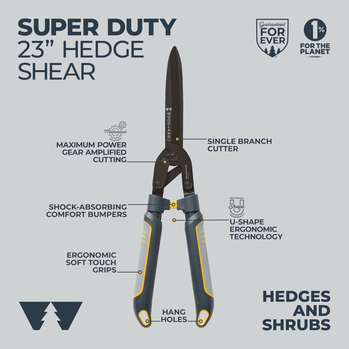 Woodland Tools Super Duty Hedge Shears, 23 Inch Manual Hedge Clippers with 10 Inch Gear-Assist Blades, Power Notch, and Non Stick Coating, Heavy Duty Trimmer for Thick Shrubs and Hedges