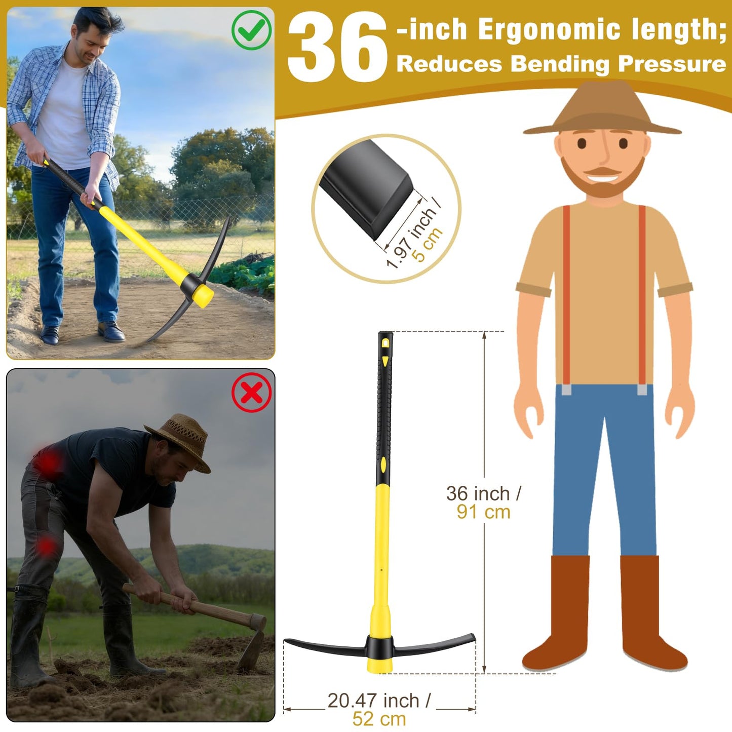 NAUKII 36 inch Garden Hoe Fiberglass Handle Hoe Garden Tool Carbon Steel Hand Tools