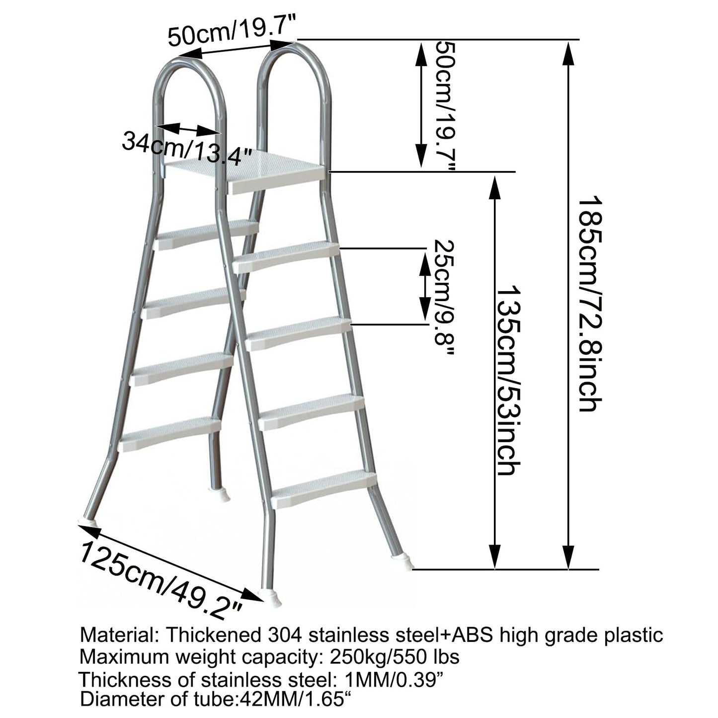 errzom Safety Heavy Duty Above Ground Swimming Pool Ladder, Stainless Steel Frame Above Ground Swimming Pool Entry Exit Ladder for 52 in High Wall Pools, 500 Pound Capacity