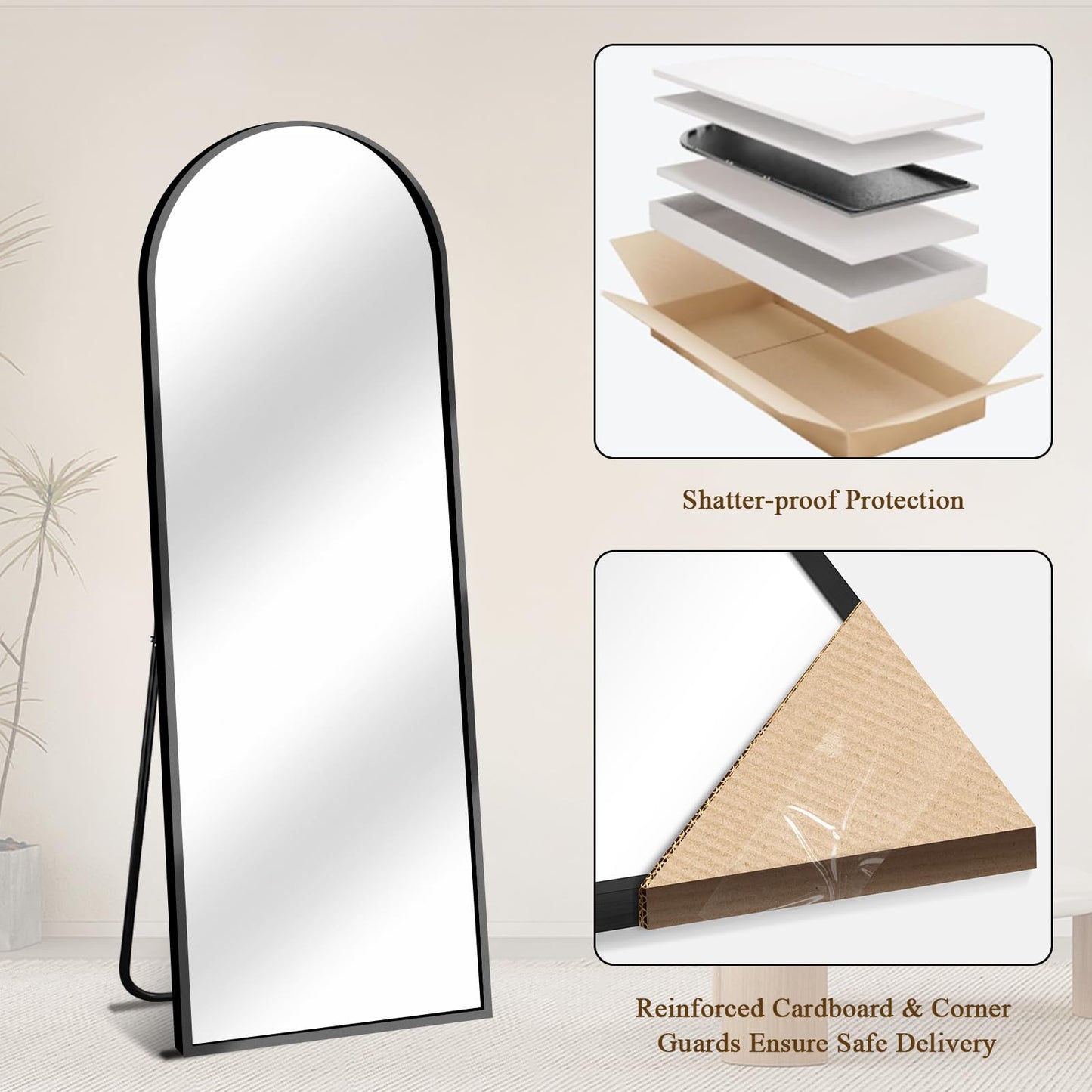 TRUNBACK 56"x18" Full Length Mirror with Stand, Shatterproof Arched Floor Mirror, Aluminum Alloy Thin Frame - Freestanding/Leaning/Wall Mount for Bedroom, Living Room & Entryway (Black)