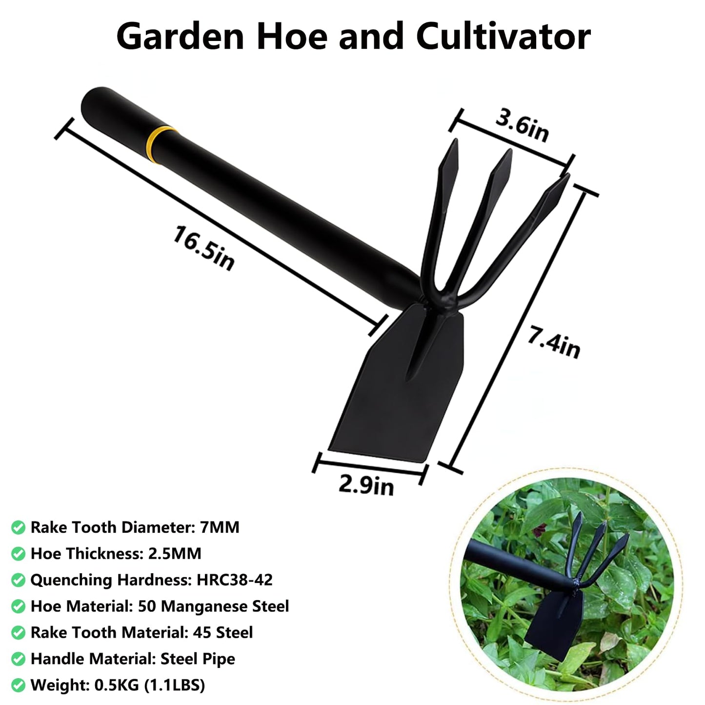 AHUDKKY Hoe and Cultivator, Hoe Garden Tool, Hand Hoe Cultivator Garden Tool, Thickened Manganese Steel, Garden Hoe for Weeding, Planting, Loosening Soil, Digging,No Assembly Required