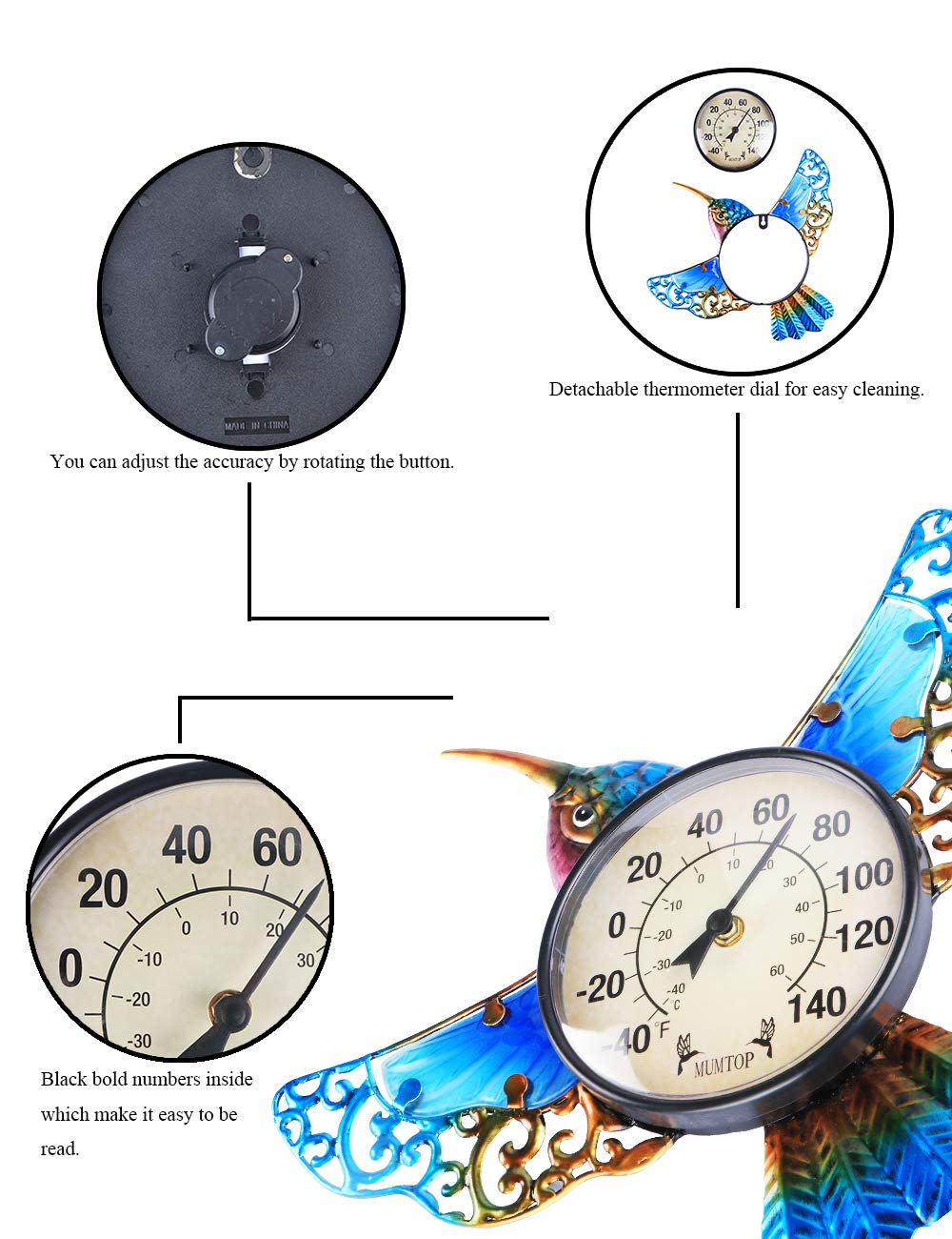 MUMTOP Indoor Outdoor Thermometer Hummingbird Waterproof Wall Mounted Thermometer for Patio, Yard, Garden