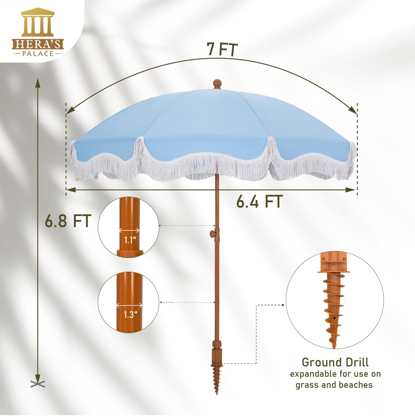 HERA'S PALACE 7 ft Heavy Duty Beach Umbrella with Sand Anchor, Fringe Umbrella for Sand, UV 50+, Patio Umbrella with Tilt Pole for Garden Pool Backyard