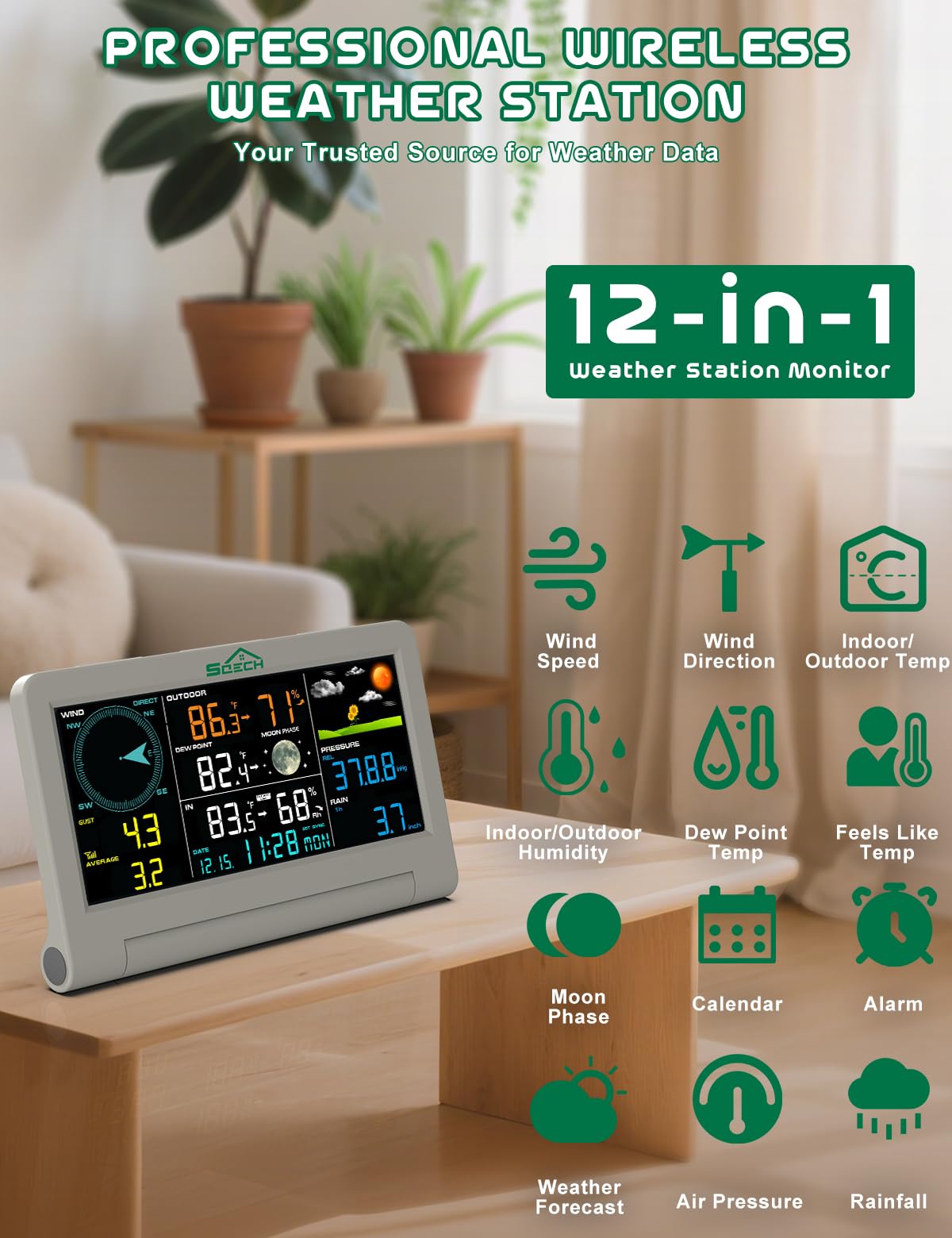 SQECH Weather Station,Weather Stations Wireless Indoor Outdoor with 7-in-1 Outdoor Sensor,Home Weather Station with Weather Forecast,Temp&Humidity,Rain Gauge,Wind,Moon Phase,Calendar,Alarm Clock