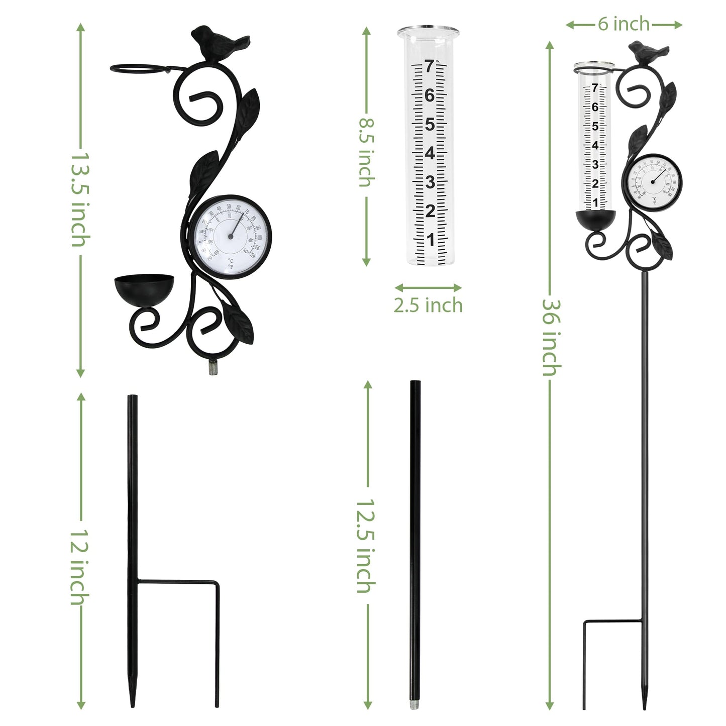 32" Garden Rain Gauge with Thermometer - 7" Glass Tube for Outdoor Indoor Use, Patio Yard Decor Statue