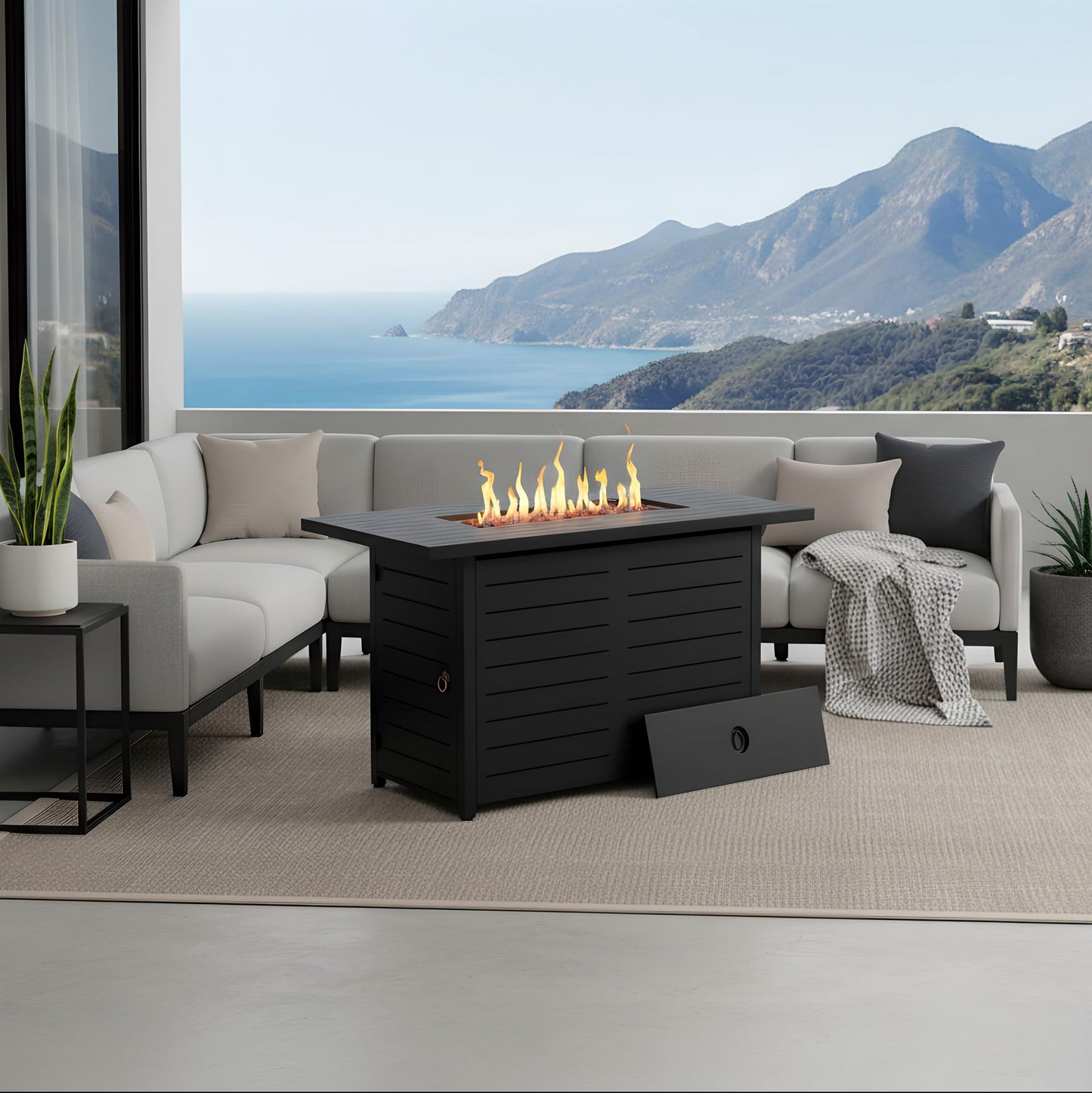 Kinger Home 42-Inch Ore Outdoor Propane Fire Pit Table 50000 BTU, Powder-Coated Stainless Steel Patio Firepit with Lava Rocks, Black