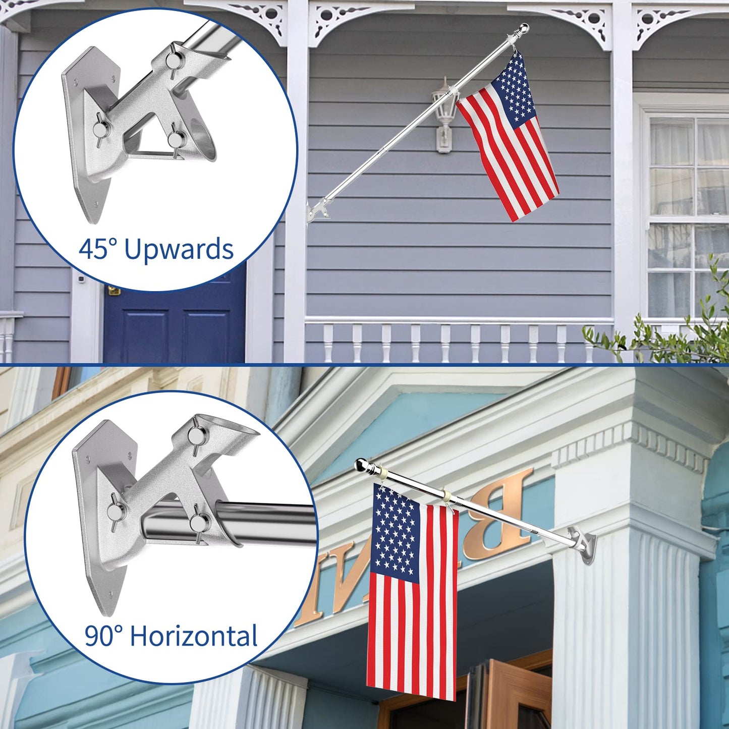 FIASON 5 FT House Flag Pole Kit with 2-Position Flagpole Holder Bracket for Outside House Outdoor Porch (5 FT, Silver)