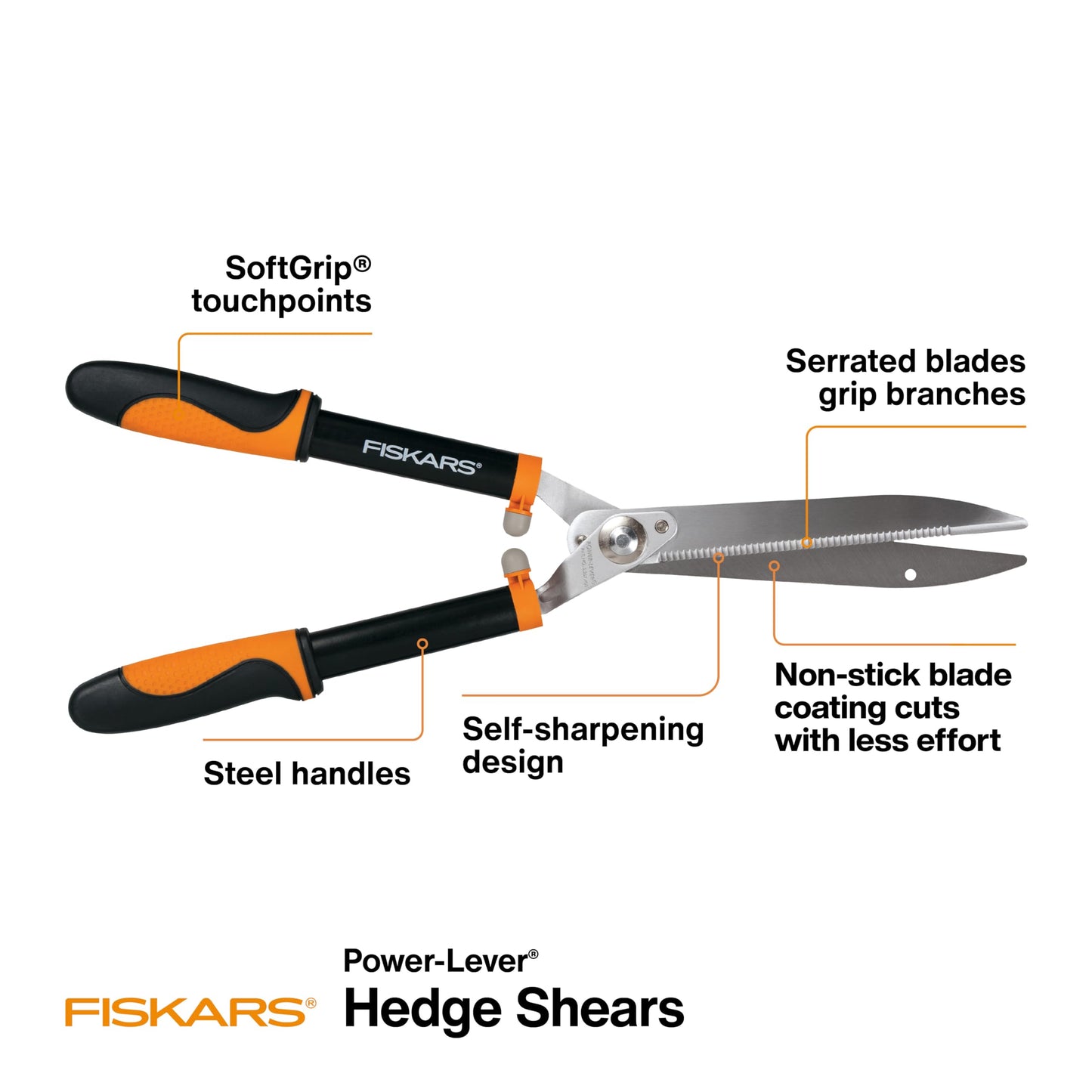 Fiskars 23-Inch Power-Lever Hedge Shears, Self-Sharpening Precision-Ground Steel Blades, For Trimming/Shaping Hedges and Shrubs in Your Garden, Lawn and Yard Tools, Black/Orange