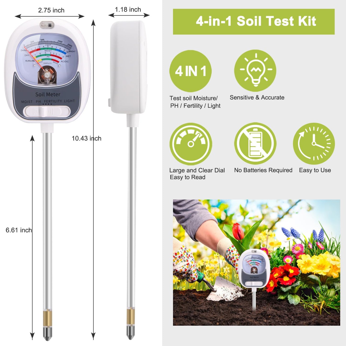 HSLGOVE 4-in-1 Soil Test Kit – Soil Moisture Meter, pH, Fertility & Sun-Light, No Battery Required, Large Dial Soil Tester for Indoor & Outdoor Gardening, Lawn, Farm –Pearl White