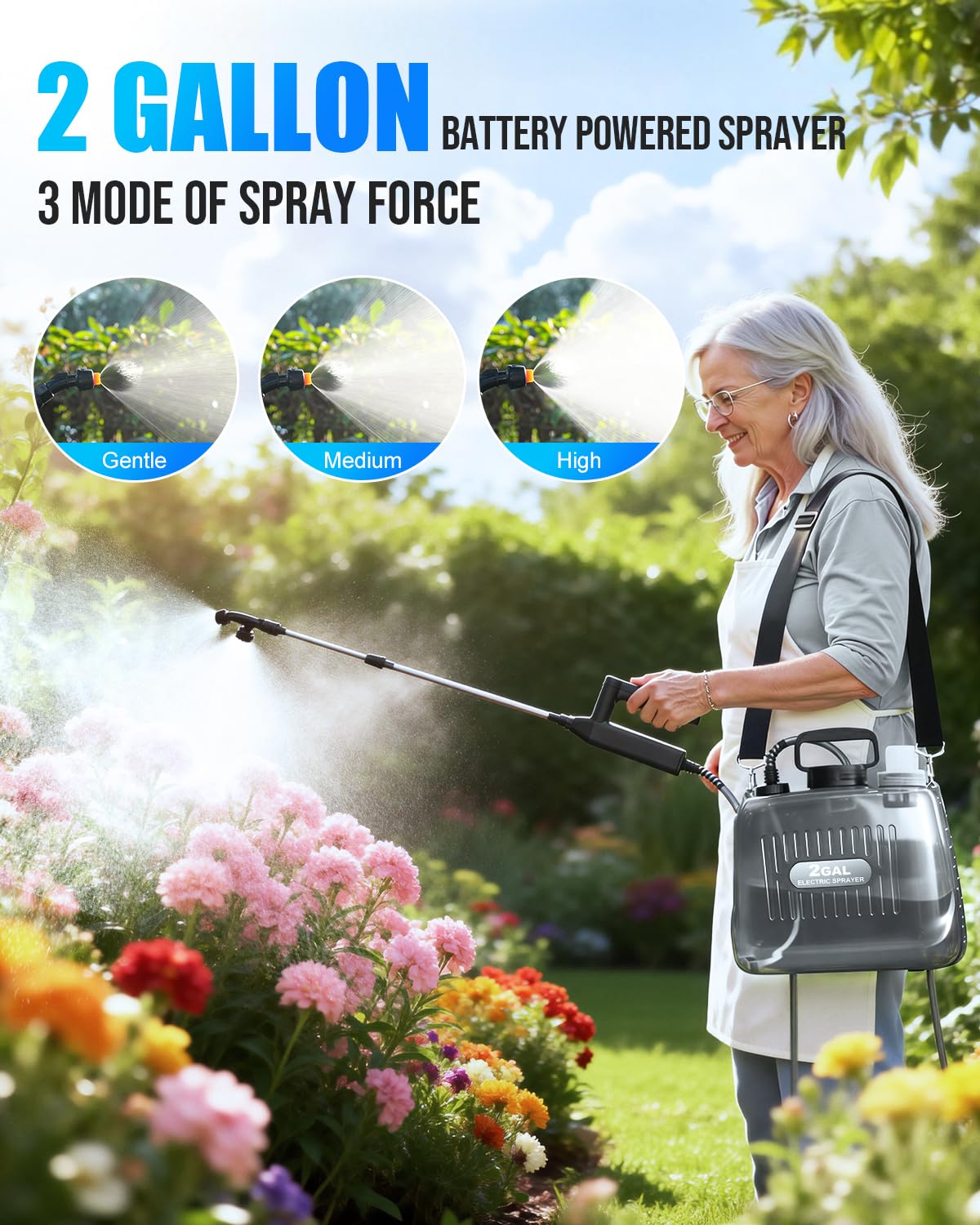 Sylsmart Battery Powered Sprayer 2 Gallon, Electric Weed Sprayer with 3 Adjustable Pressure Levels, 4 Nozzles & Extendable Wand, Rechargeable Garden Sprayer for Yard, Lawn, Plants & Fertilizer