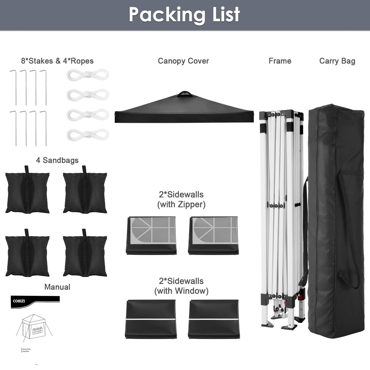 COBIZI Canopy 10x10 Pop Up Canopy Tent with 4 Sidewalls, One Push Party Tents for Parties Outdoor Wedding Waterproof Gazebo Commercial Event Tent with Sandbags, Classic Black