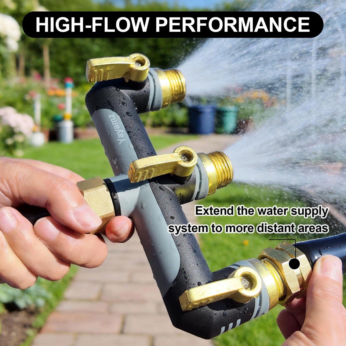 3 Way Garden Hose Splitter,High Flow Outdoor Faucet Splitter,Hose Splitter with Independent Shut Off Valves,Wide Spacing for Hose Timers,Sprinklers,Lawn,Yard and Garden Watering