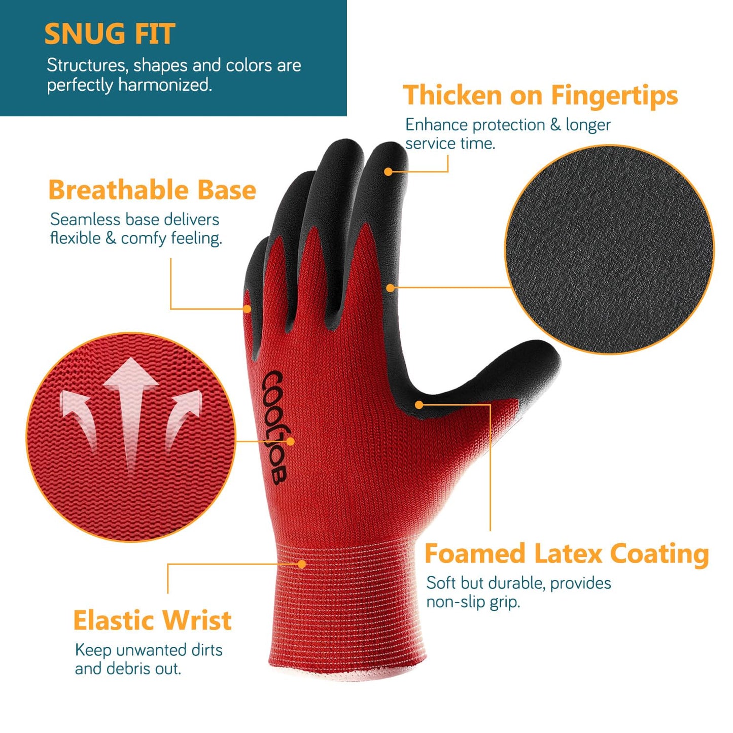 COOLJOB Gardening Gloves for Men, 2 Pairs Breathable Rubber Coated for Garden Weeding Landscaping, Outside Work for Lawn Yard, Men's Large Size, Black & Red