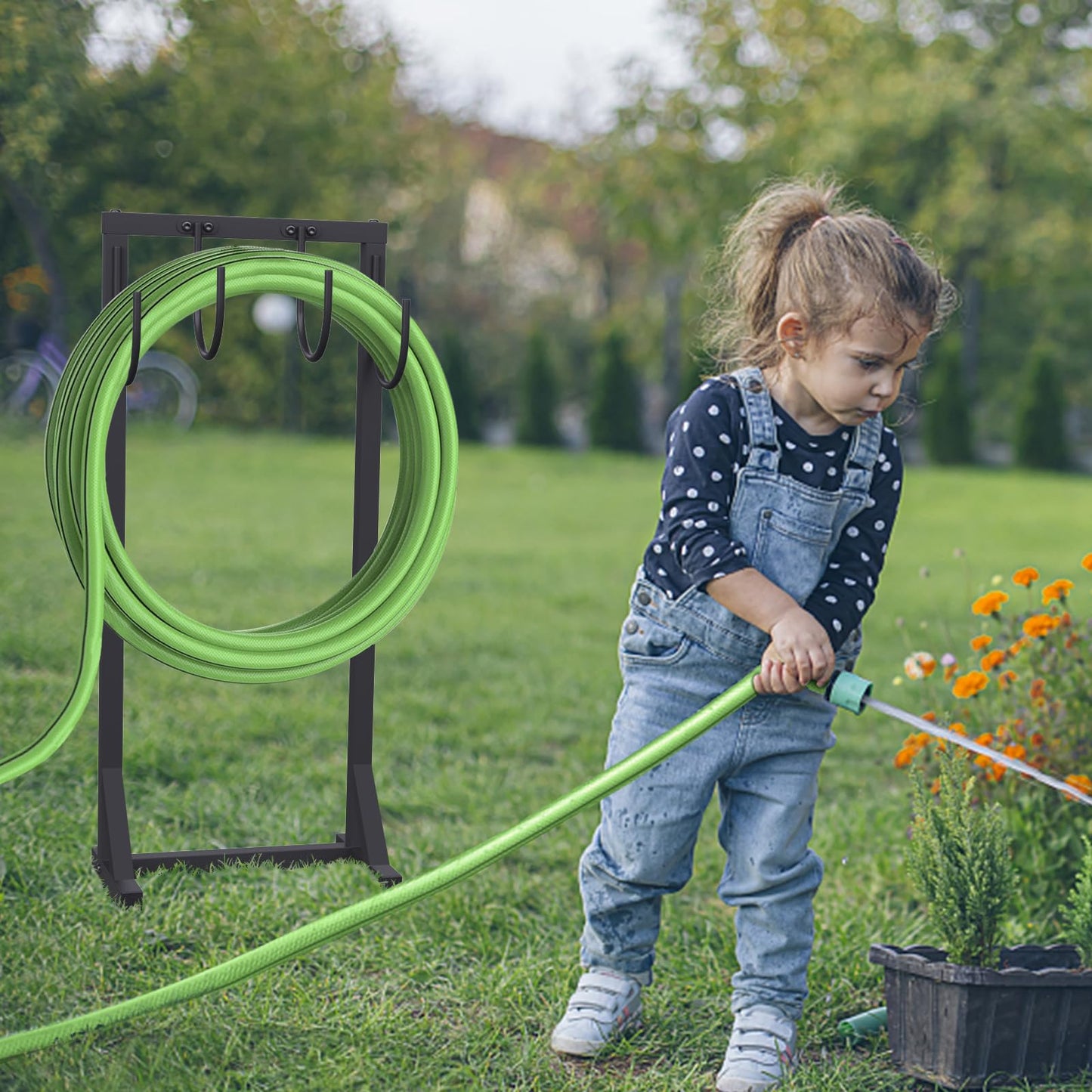 Heavy Duty Garden Hose Holder – 4-Hook Outdoor Water Hose Holder with 4 Reinforcing Spikes, Durable Hose Holder Organizer for Yard & Lawn