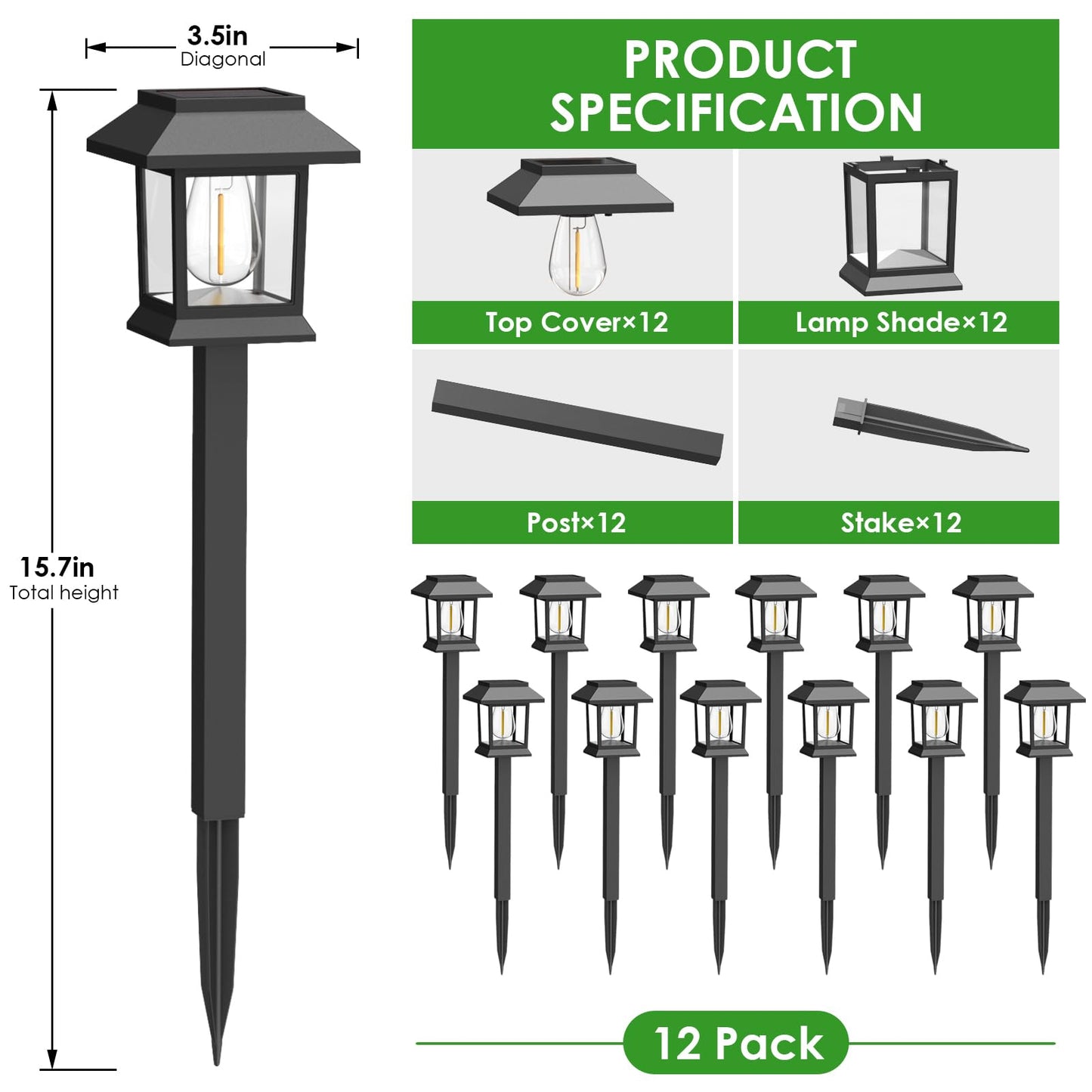 Benany Solar Outdoor Lights, 12 Pack Solar Pathway Lights Waterproof, Landscape Lighting for Path Walkway Lawn Garden Yard Outside Décor, Black