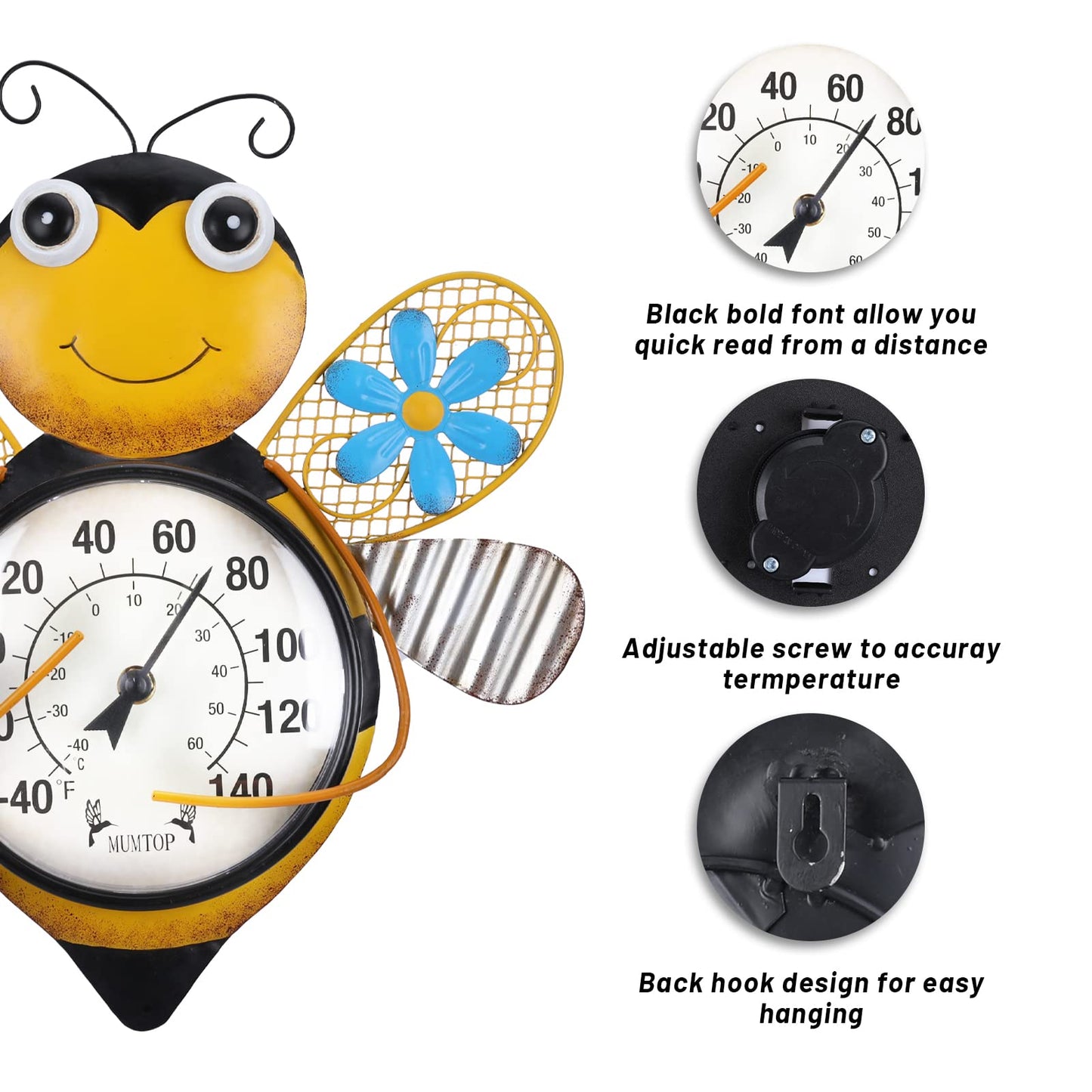 MUMTOP Indoor Outdoor Thermometer, Bees Large Number Wall Mounted Thermometer for Patio, Yard, Garden