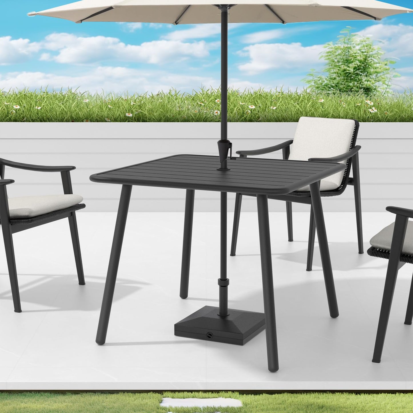 C-Hopetree Square Metal Outdoor Dining Table with Umbrella Hole for Outside Patio, Black