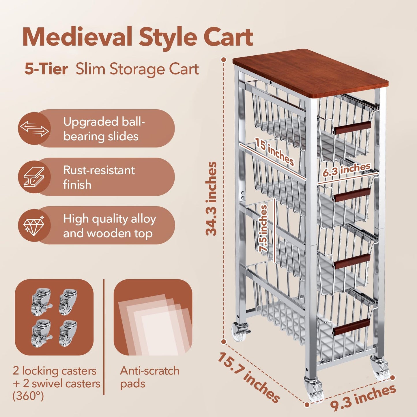 Ultra Slim 5-Tier Rolling Fruit & Vegetable Storage Cart with Removable Drawers, Narrow Metal Kitchen Organizer Cart on Wheels, Fruit Basket Stand & Fruteros para Cocina, Pantry Cart for Storage