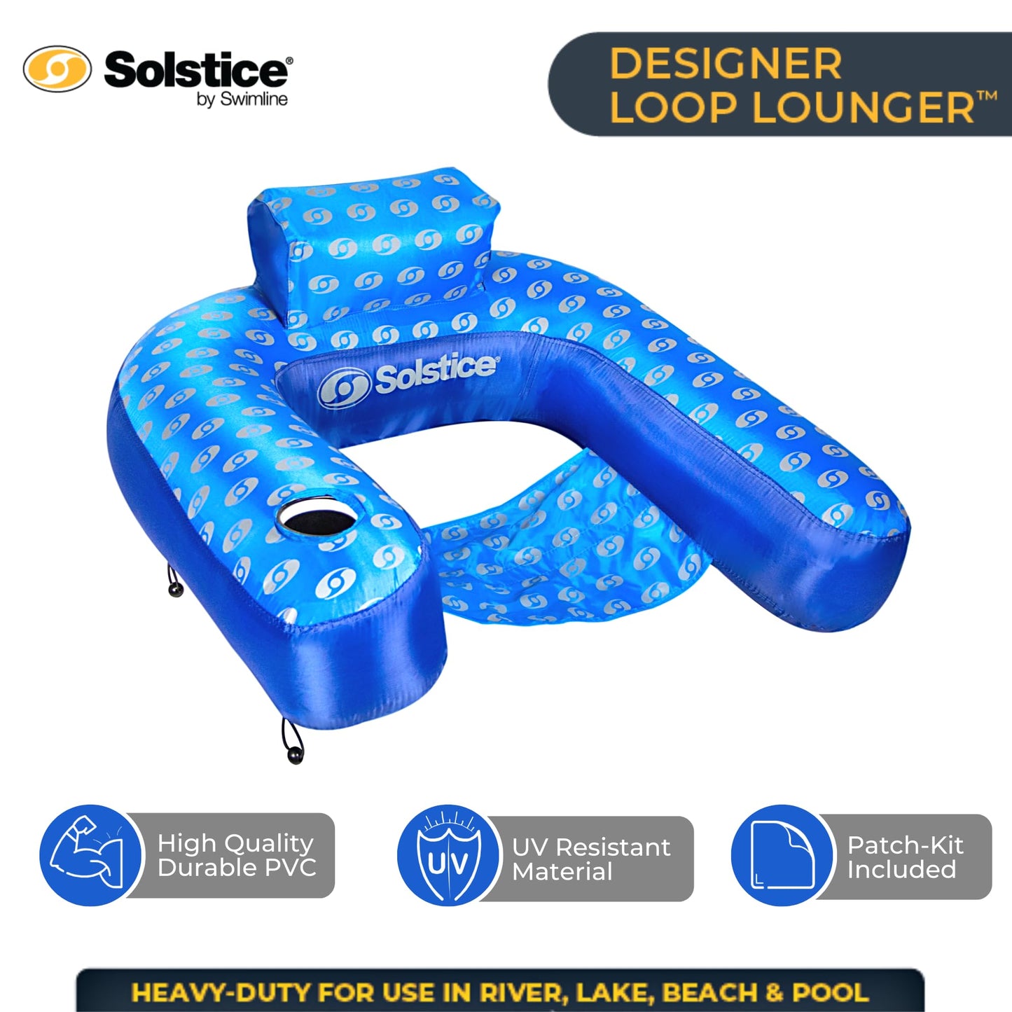 SWIMLINE SOLSTICE Extra-Large Fabric Covered U-Seat Pool Float U-Seat Lounger Raft For Adults & Kids I Comfortable Sling Seat, Back Rest, Cup Holder, & Quick-Dry Cover For Adult Or Kid Floating