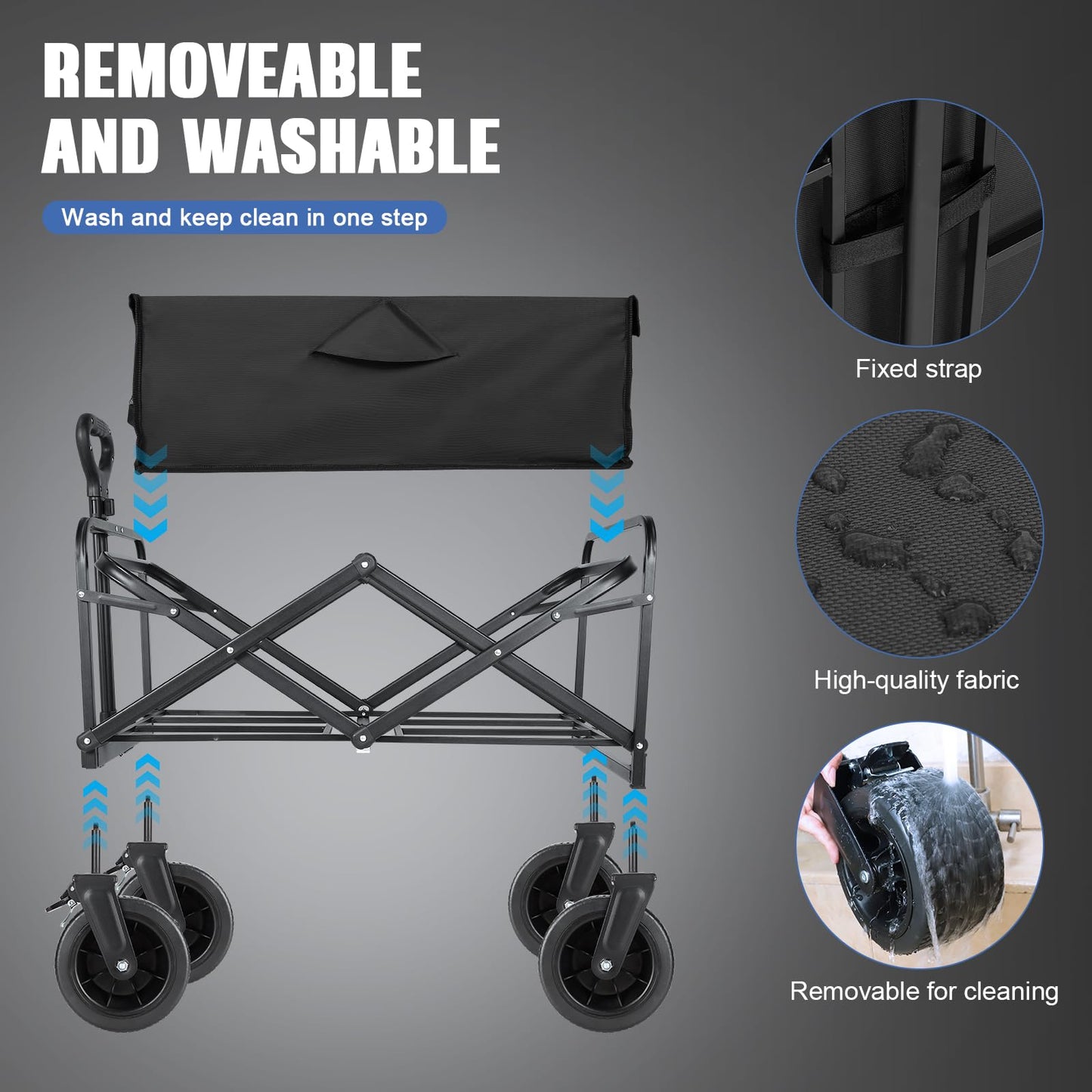 EVLIQUIL Collapsible Foldable Beach Wagon,Folding Wagon Cart with Big Wheels,Utility Grocery All Terrain Wagons carts Foldable with Brakes for Sand Camping Sports Outdoor(Deep Black).