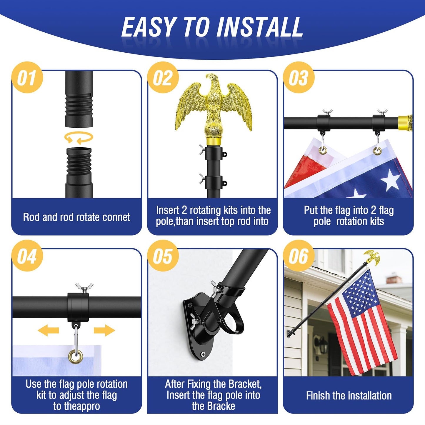 Flag Pole for Outside House, Outdoor Black Heavy Duty Porch 6 FT Flag Pole Kit, for Residential or Commerical, Tangle Free Flagpole (Include American 3 X 5 Flag, Wall Mount Holder, Eagle Shaped Head)