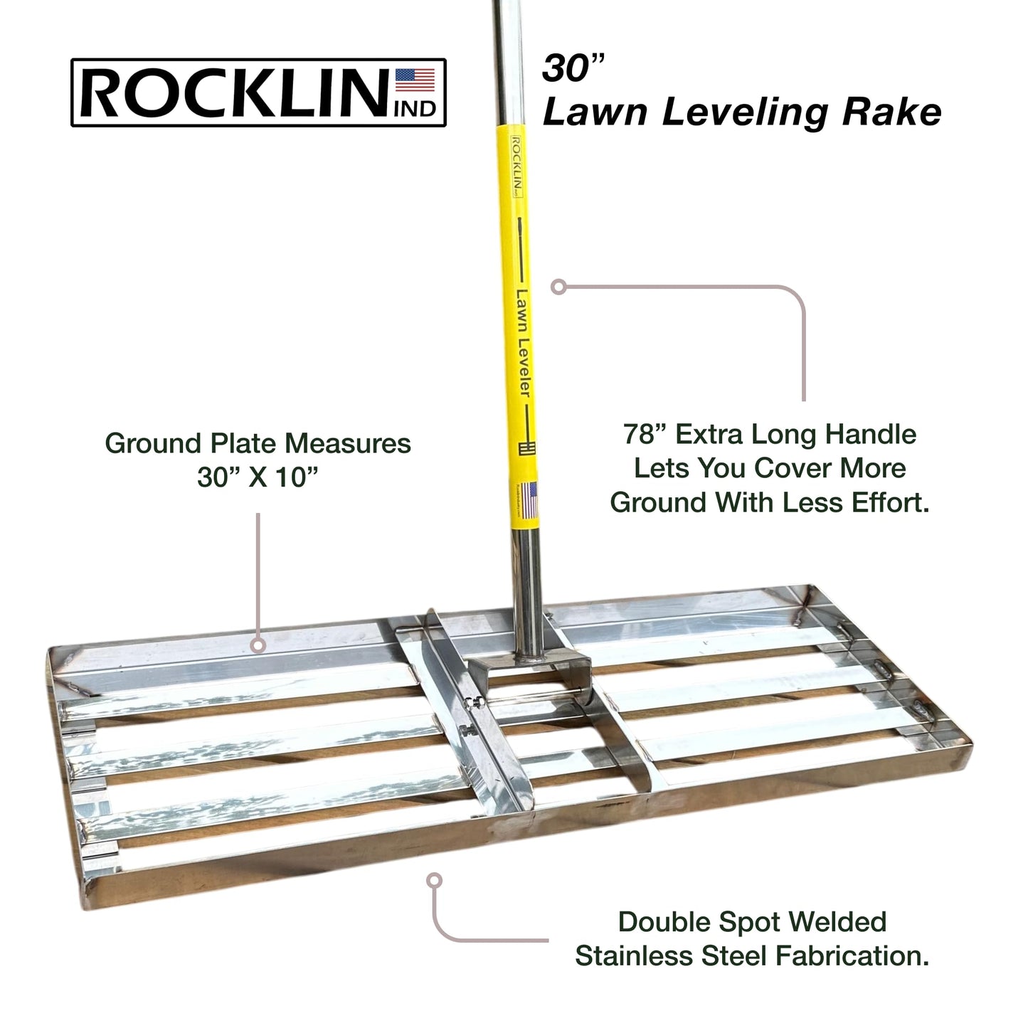 Rocklin™ Lawn Leveling Rake | Stainless Steel Surface Leveling Tool | Level Soil or Dirt Ground Surfaces Easily | 30” x 10” Ground Plate | 78” Extra Long Handle