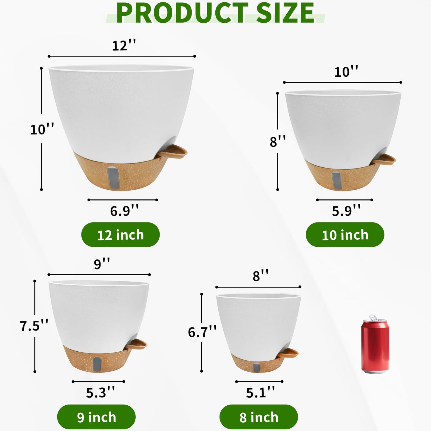 SORANGEUN 12/10/9/8 inch Self Watering Pots with Visual Water Window, Extra Large Self Watering Plant Pot with Drainage Holes and Saucers, White Flower Pots for Indoor Plants