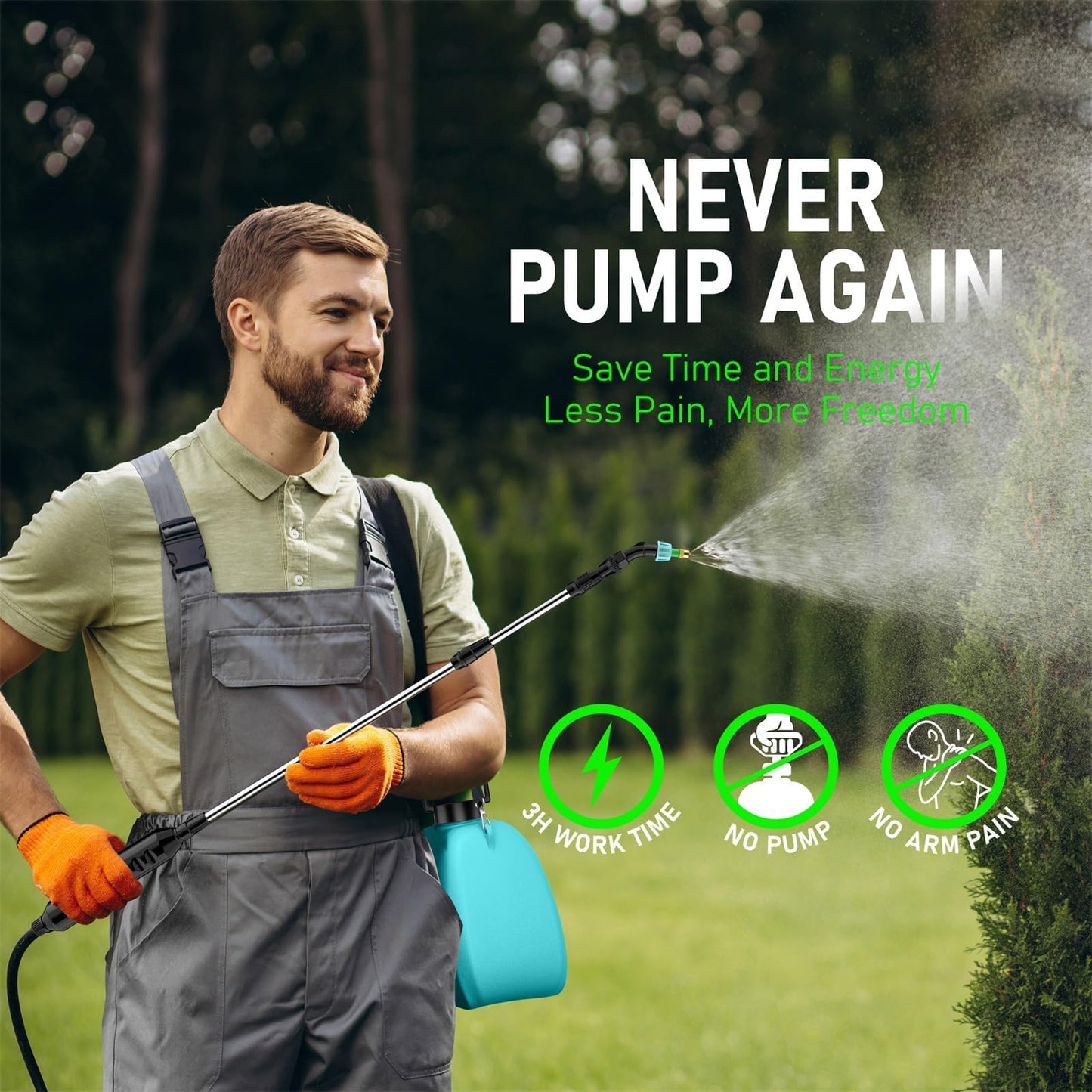 VASG 2 Gallon Battery Powered Garden Sprayer, Powerful Electric Pump Sprayer, Weed Sprayer with USB Rechargeable Handle, 5 Mist Nozzles, Retractable Wand, Adjustable Strap for Lawn, Garden, Yard