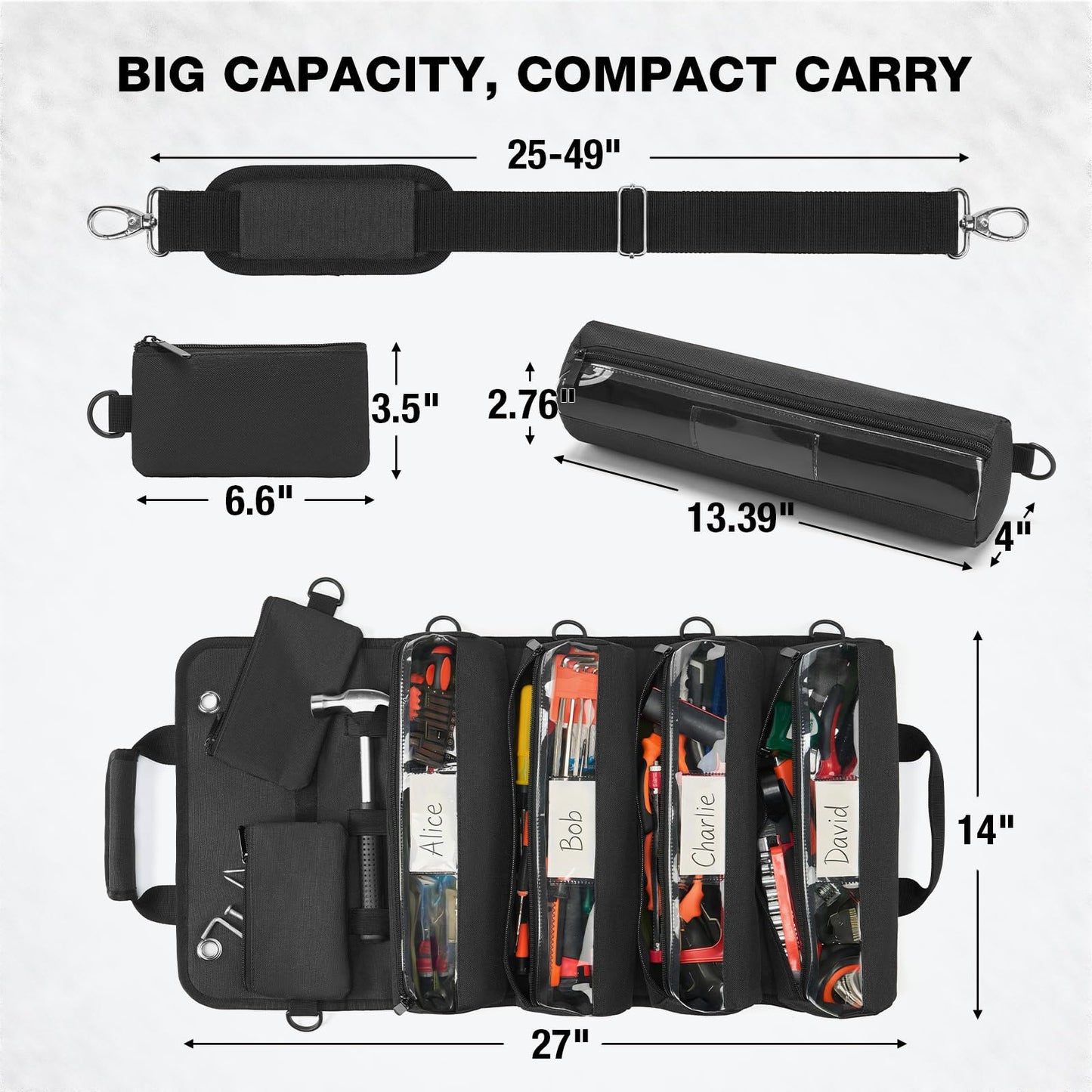 HISEA Roll Up Tool Bag, Heavy Duty Tool Storage Large-Capacity, 27"*14" Portable Tools Organizer with Utility Detachable Pouches, Water-Resistant Tool Roll Bag for Mechanic, Electrician, Gifts