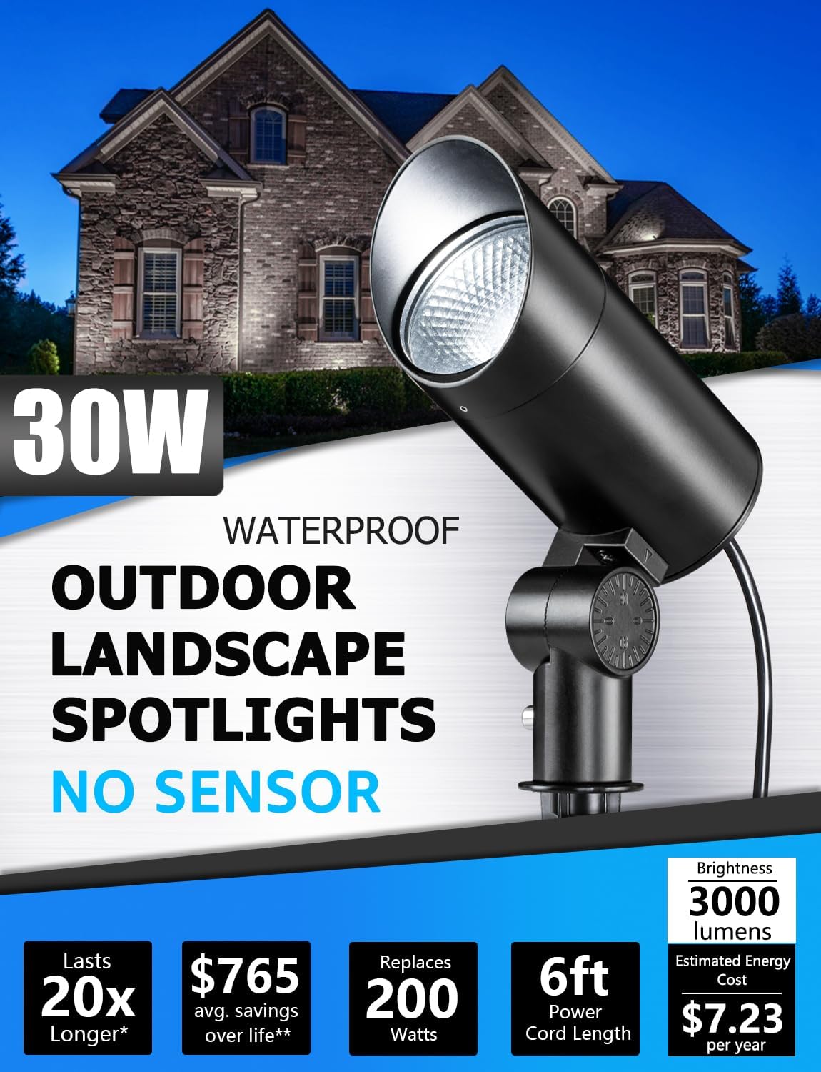SUNVIE 30W LED Spot Lights Outdoor 5000K Daylight Flag Pole Light 120V Plug in Spotlight Outdoor with US 3-Plug Waterproof Flag Lights Outdoor Ultra Bright Landscape Spotlights for Palm Tree Statue