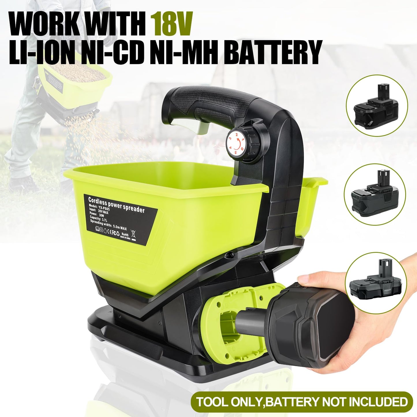 Philophca Salt Spreader for Ryobi 18V Battery, Seed Spreader Handheld Fertilizer Spreader Power Spreader Available Year-Round, Grass Seeds, Rock Salt, 3.7L Large Capacity Hopper(Tool Only)