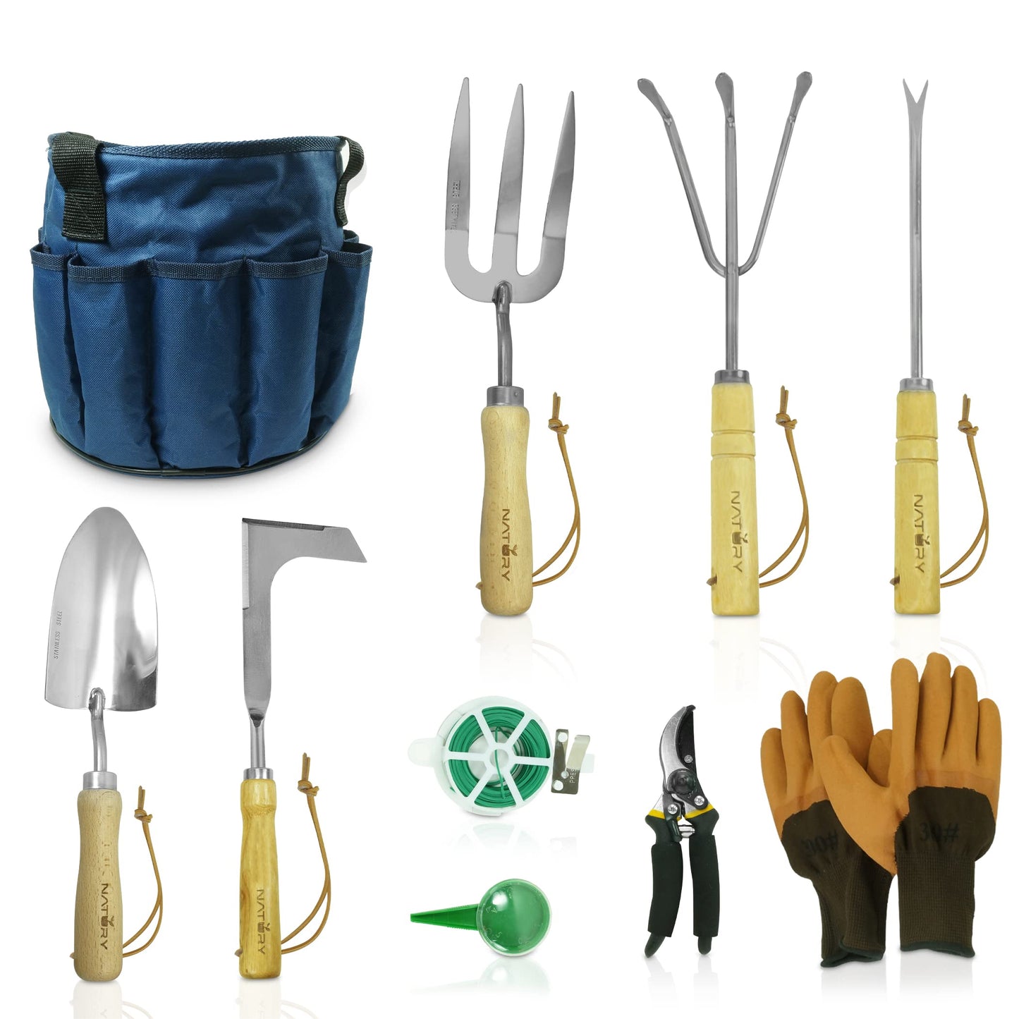 Natury Garden Tools Set â Premium Stainless Steel Gardening Hand Tools with Solid Beechwood Handle â Gardening Kit with Rake, Shovel, Gloves, Shears, Tool Organizer â Garden Gifts for Women and Men