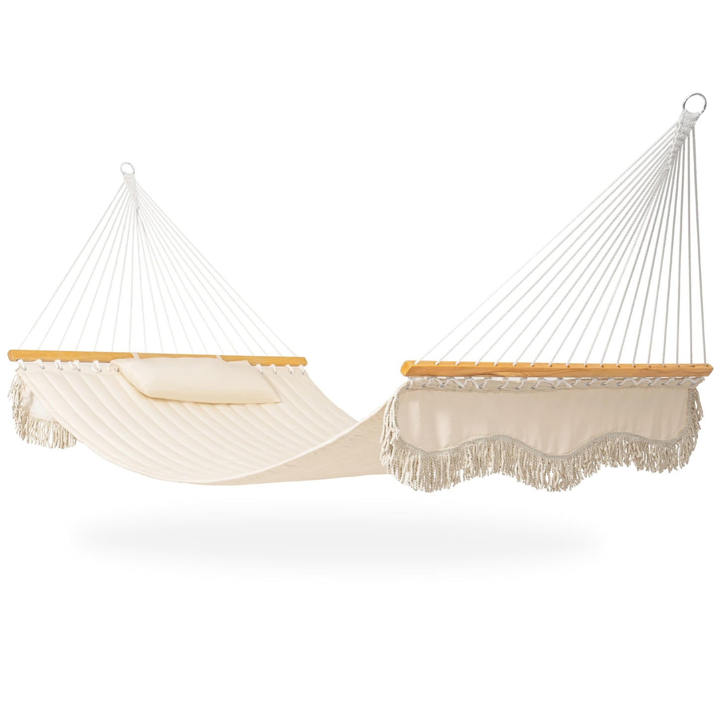 Lazy Daze Hammocks 12 FT Double Quilted Fabric Hammock with Hardwood Spreader Bar, Tassels, Soft Pillow, Chains, 2 Person Hammock for Outside Patio Backyard Poolside, 450 LBS Weight Capacity, Cream
