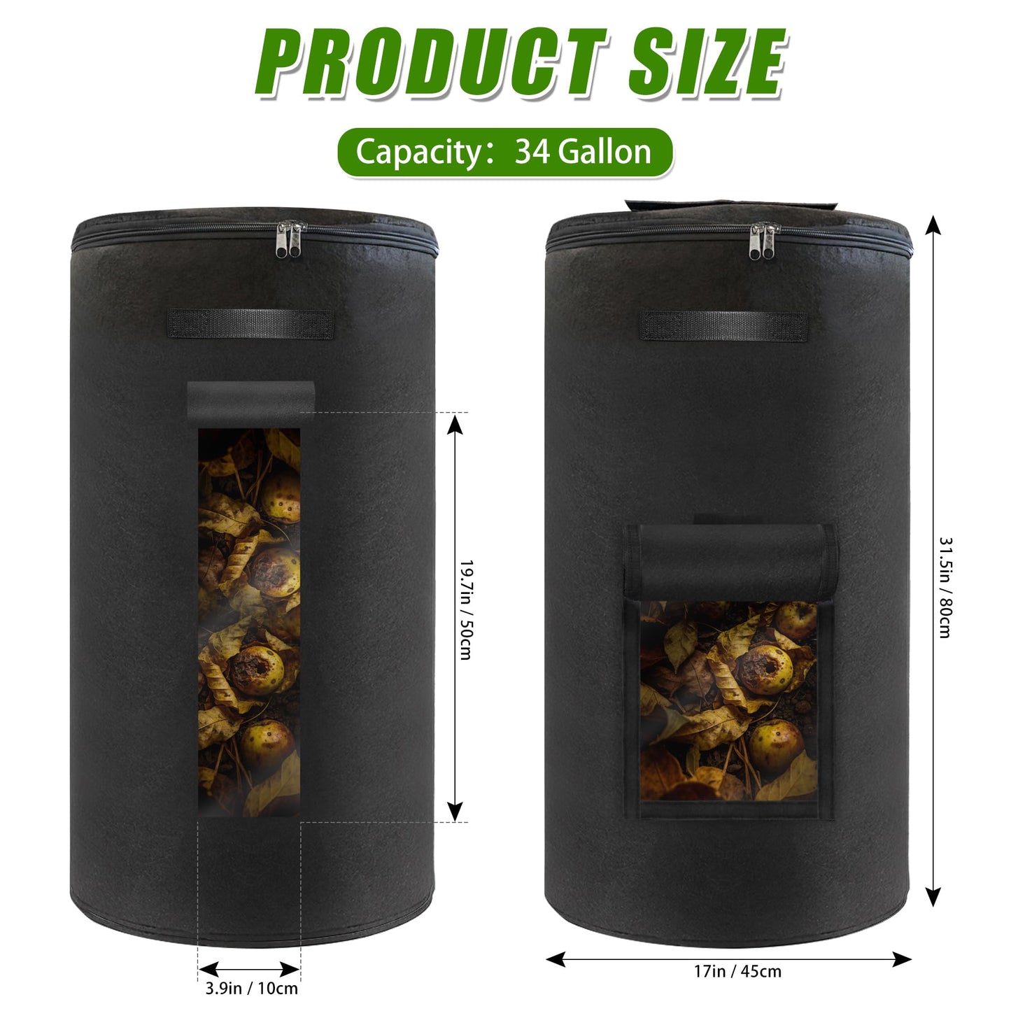 Reusable Compost Bin Outdoor, 34 Gallon Home Compost Bucket with Handles and Observation Windows, Breathable Thickened Foldable Compost Bin for Garden Yard (1 Pack, Black)